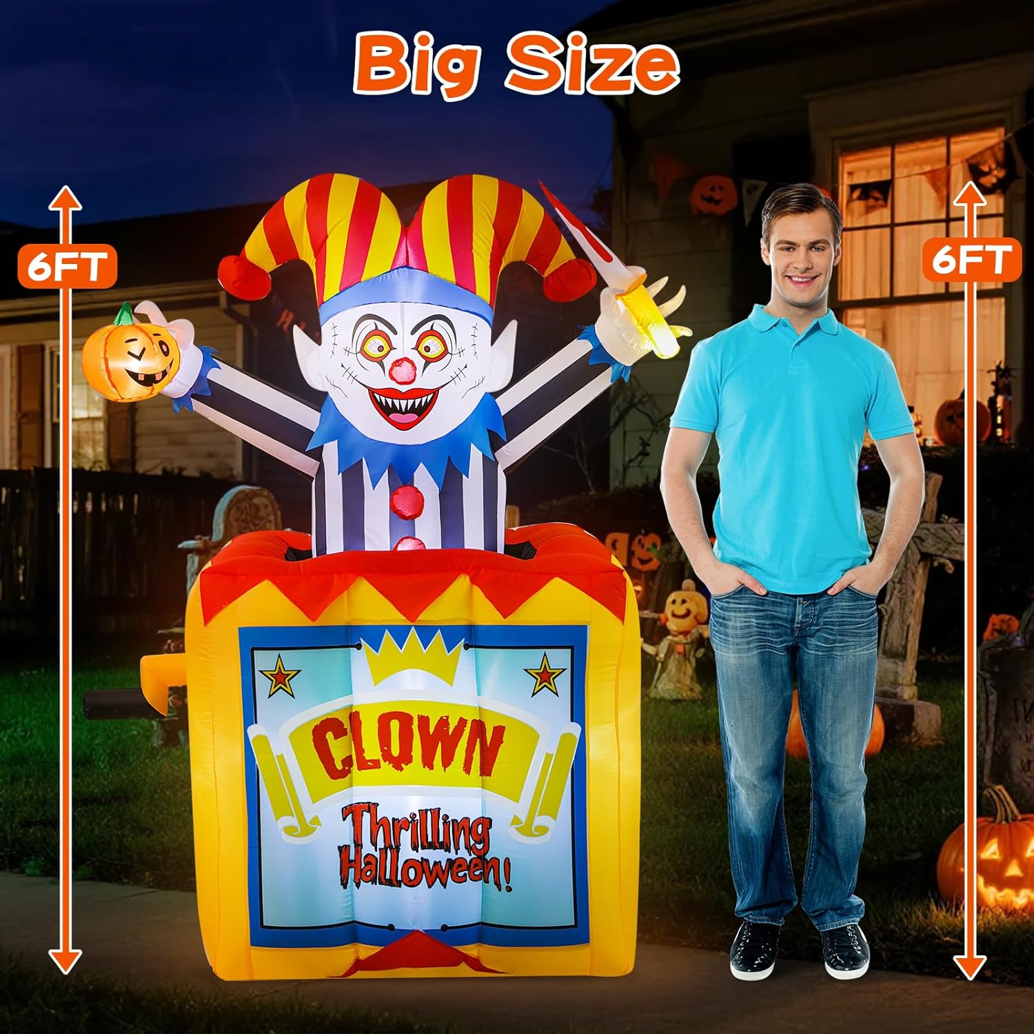 WINTS 6.6 FT Pop Up and Down Halloween Clown Inflatable,Carnival Clown in Box Inflatable with Built-in LED Lights, Blow Up Yard Decor for Circus Party Outdoor Lawn Garden