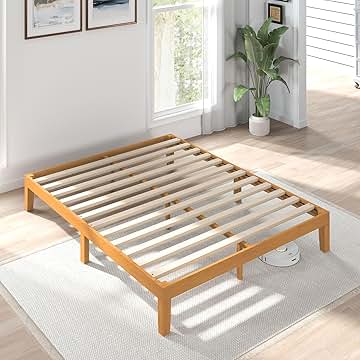 Sweetcrispy Solid Wood Bed Frame, Full Size Bed Base with Wood Slat Support, Sturdy, Stylish & Noise-Free Design, No Box Spring Needed, Easy Assembly, 12 in Natural Pine