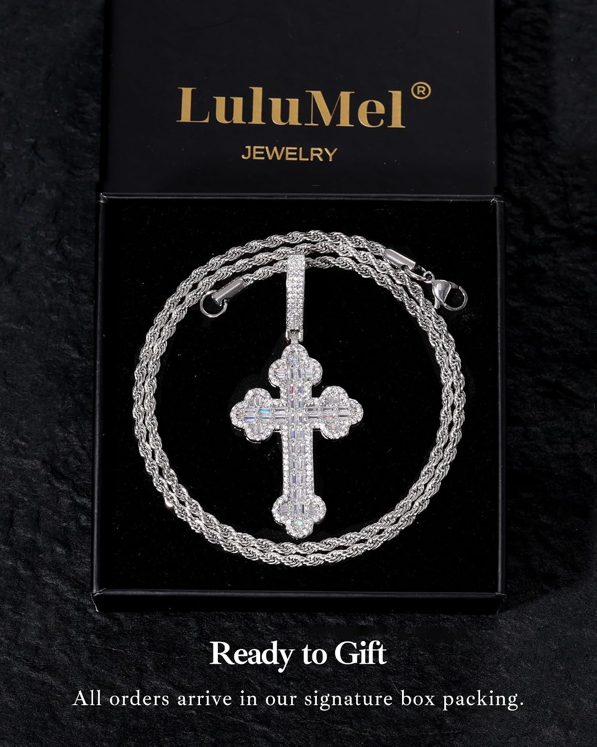 Lulu Mel Iced Out White Gold Plated Cubic Zirconia Cross Pendant Necklace With Rope Chain, Trendy Hip Hop Cross Faith Pendant Jesus Necklace For Men Women
