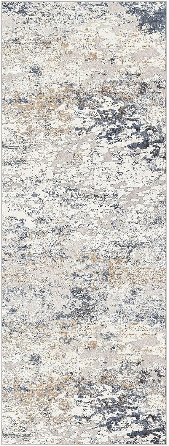 Washable Runner Rug for Hallway: 3x8 Neutral Modern Abstract Low Pile Area Rug with Non-Slip Backing - Carpet for Bedroom Kitchen Laundry Entryway Bathroom Indoor - Beige Blue