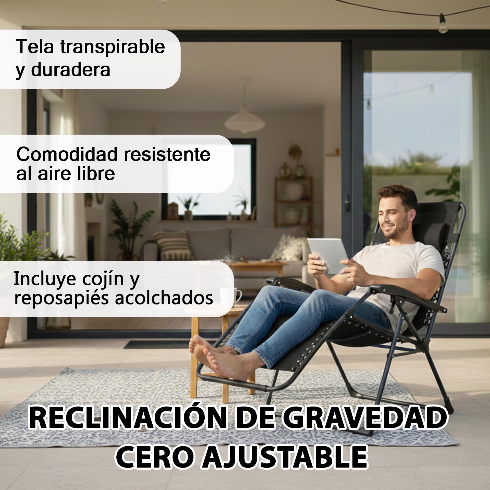 Weida Home Tumbona Plegable para Exterior | con Cojín y Reposapiés Acolchados | Silla Reclinable Ergonómica y Resistente | Estructura de Acero | Ideal para Jardín, Terraza, Playa (Negro) — view 4