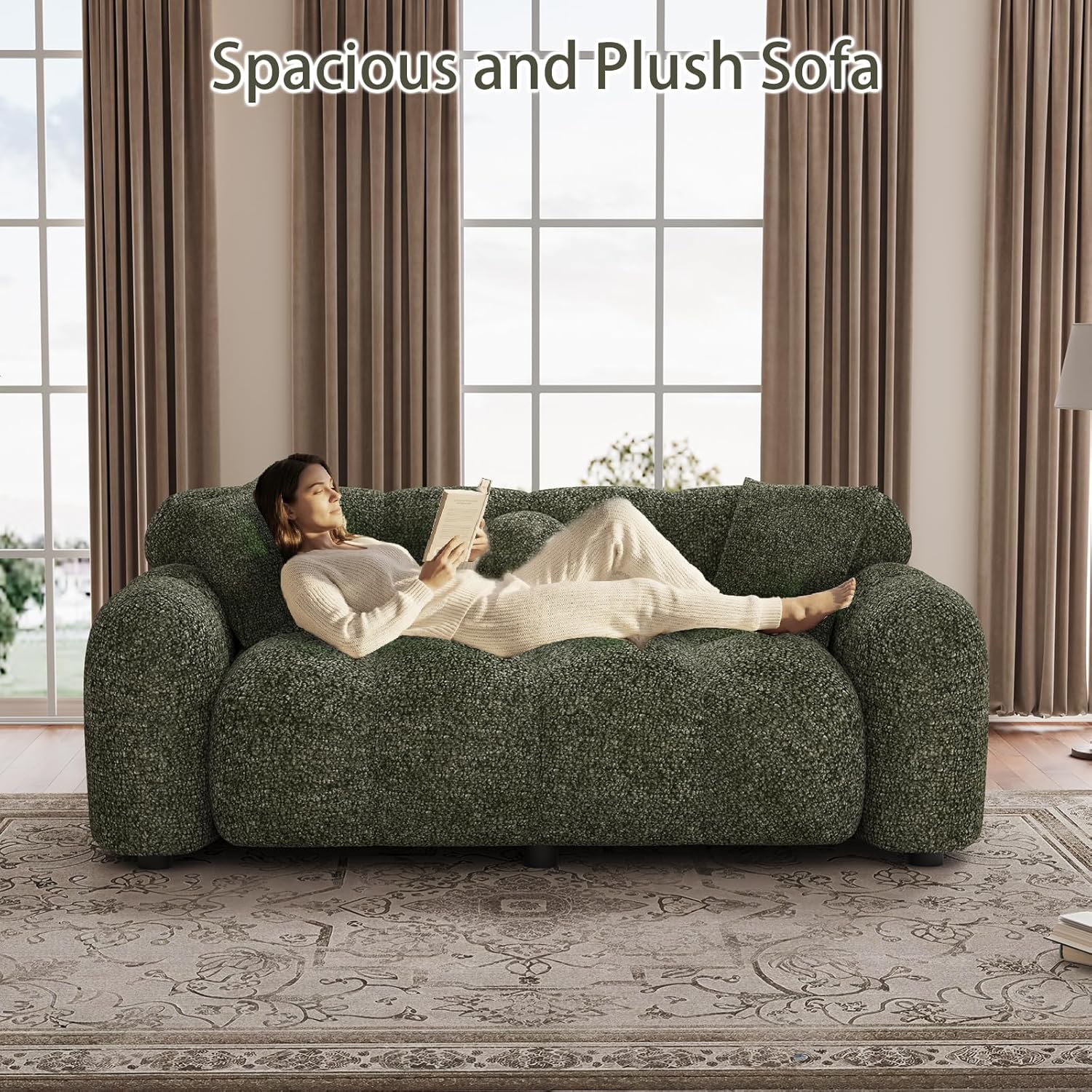 DAMAIFROM 65" Chenille Cloud Sofa Couch, Modern Deep Seat Loveseat Sofa, Comfy Upholstered Couch with 3 Pillows, Oversized Accent Armchair for Living Room Apartment Office, Green