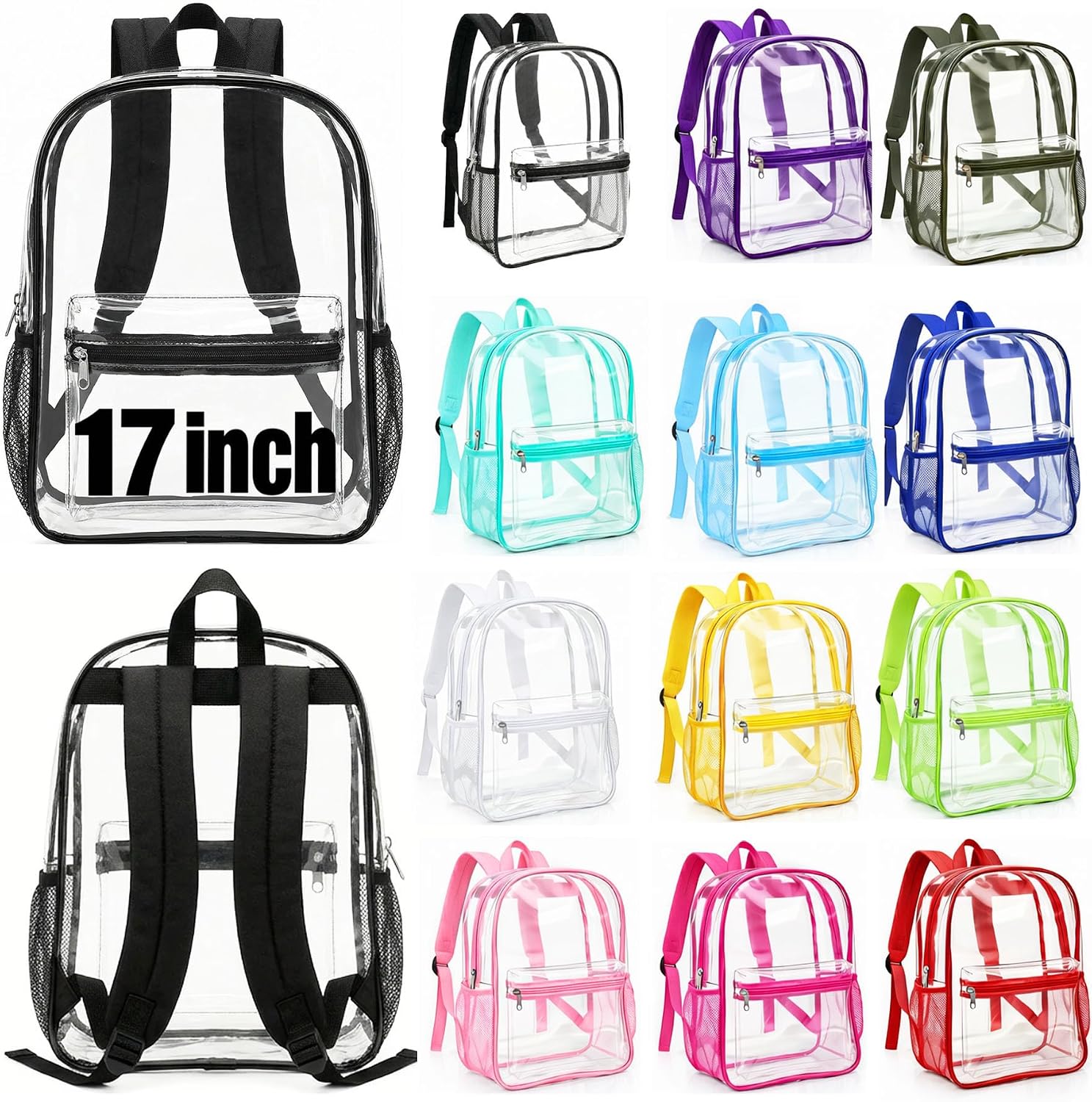 48 Pack Clear Backpack Bulk for School,17" Wholesale PVC Backpack,12 Colors