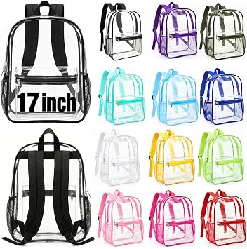 48 Pack 17 Clear Backpack Bulk,Heavy Duty School Backpack,12 Color | Transparent PVC Backpacks for Student with Pockets, Bulk Back Pack for Back to School Elementary, Middle & High School