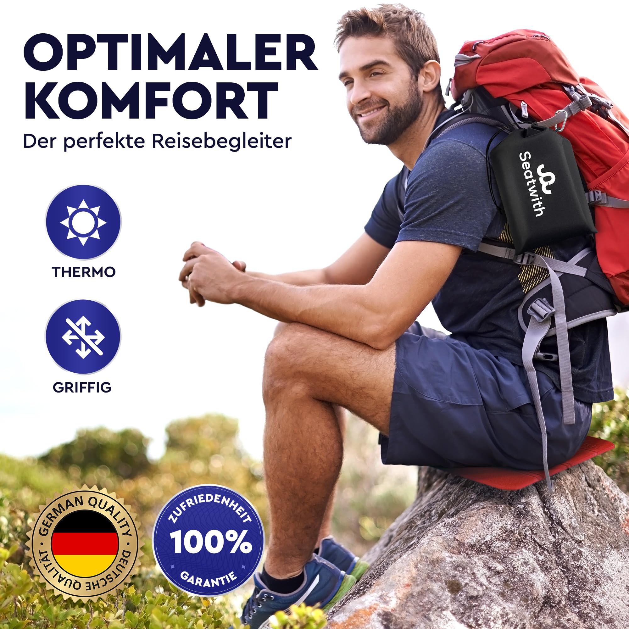 2er Set Outdoor Sitzmatte/Faltbares Iso-Thermo-Sitzkissen mit Tragetasche und Karabinerhacken für ideale Befestigung am Rucksack maximaler Schutz vor Kälte Nässe & Schmutz + Outdoor E-Book