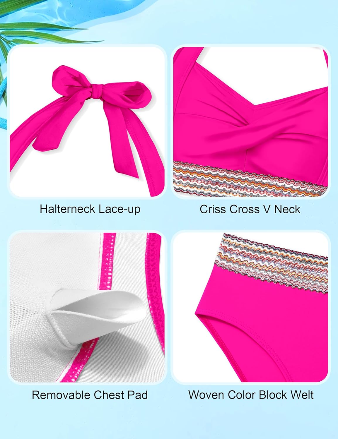 Girls Swimsuits Two Piece Bikini Set Criss Cross Halterneck Woven Contrast Trim Bathing Suits for 9-16Y - Image 7
