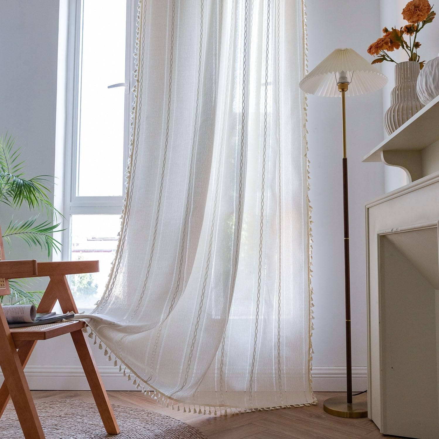 Boho Curtain 84 inches Length for Bedroom, Stripes Embroidery Textured Linen Hollow Semi Blackout French Farmhouse Country Window Treatment with Tassels,1 Panel 52" W x 84" L, Ivory