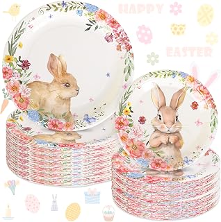 40Pcs Easter Paper Plates Bunny Floral Disposable Plates 9 Inch & 7 Inch Rabbit Flower Dinner Plates for Spring Baby Shower Birthday Party Supplies