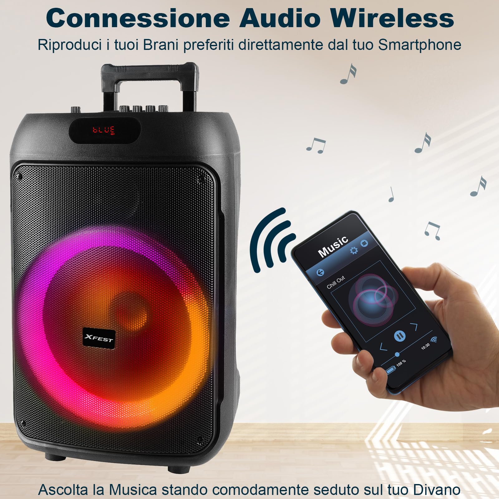 Trevi XFest XF 380 KB Speaker Wireless 50W, Altoparlante Portatile con Microfono Con Cavo Incluso, Ingressi USB, Micro SD, AUX-IN, Funzione TWS, Karaoke Party Speaker con Batteria Integrata