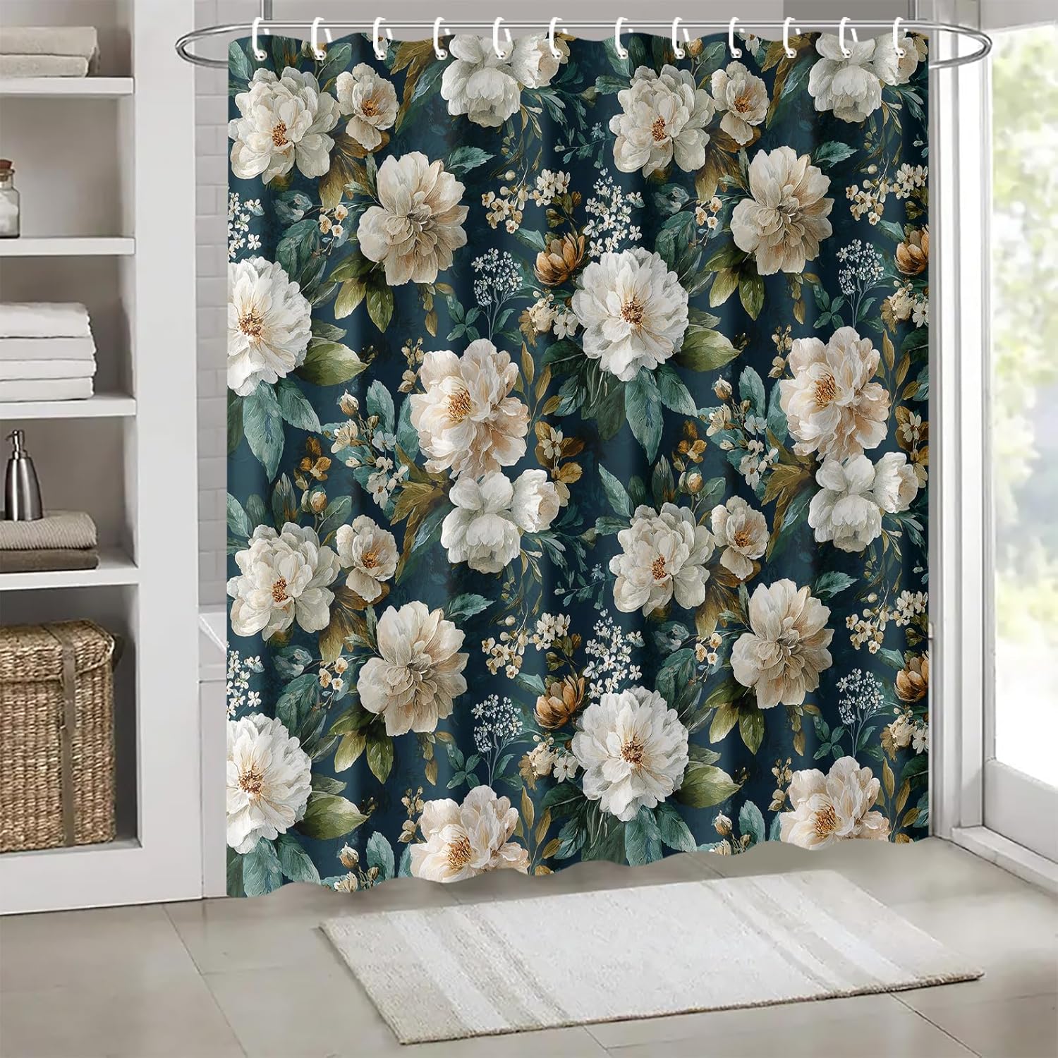 Vintage Floral Shower Curtain 72x72 Inch Dark Blue Background Bathroom Curtain with Cream Flower Print Fabric for Classic Elegant Decor