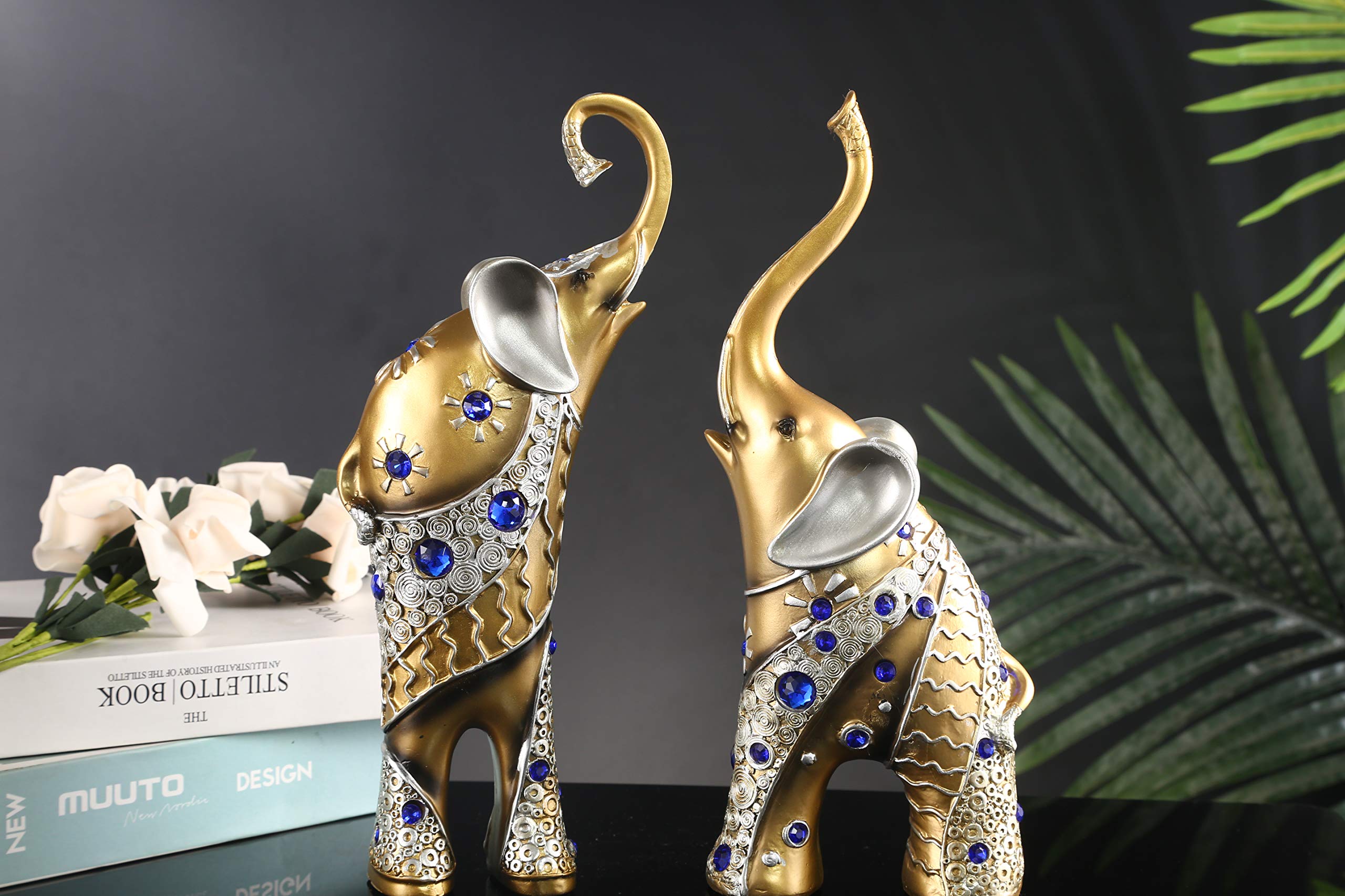 Mose Cafolo Zestaw 2 szt. para dużych 30 cm wysokości złotych Feng Shui tajskich posągów słonia figurki z pięknym niebieskim klejnotem bogactwo szczęśliwa figurka prezent i wystrój domu