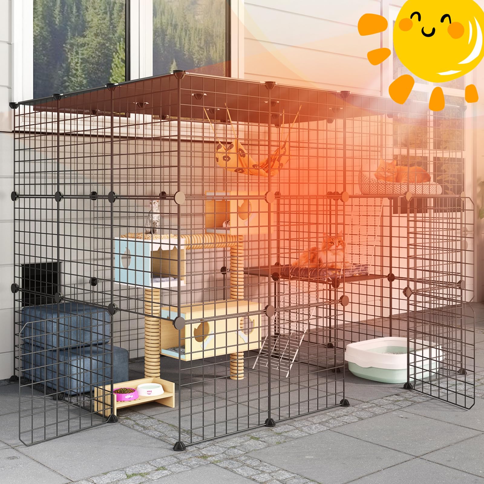 Eiiel OutdoorCat Cage Enclosure - Large Catio Playpen With Platforms For 1-4 Cats (Black)