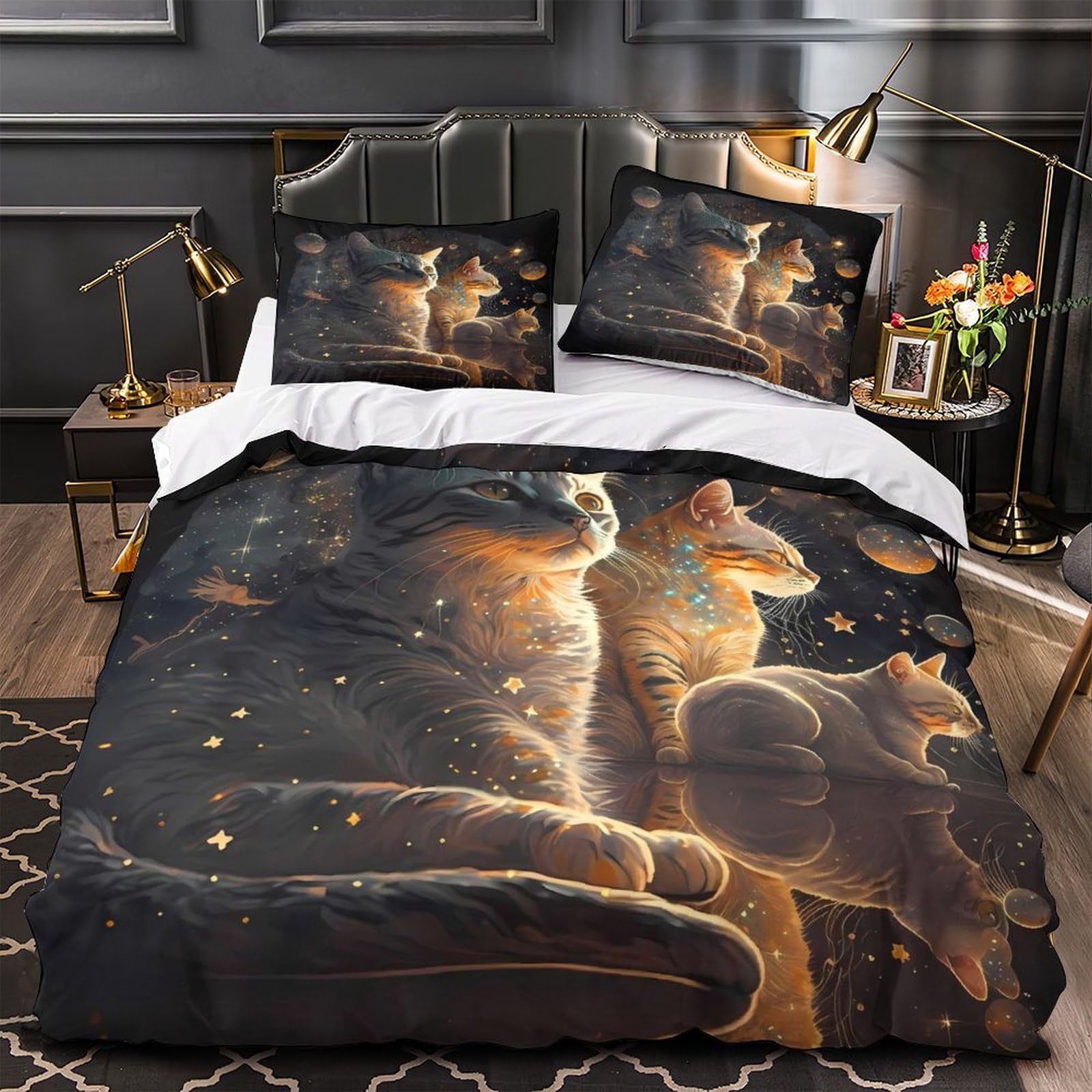 Parure de lit 3D housse de couette chat cosmique microfibre pour lit enfant single