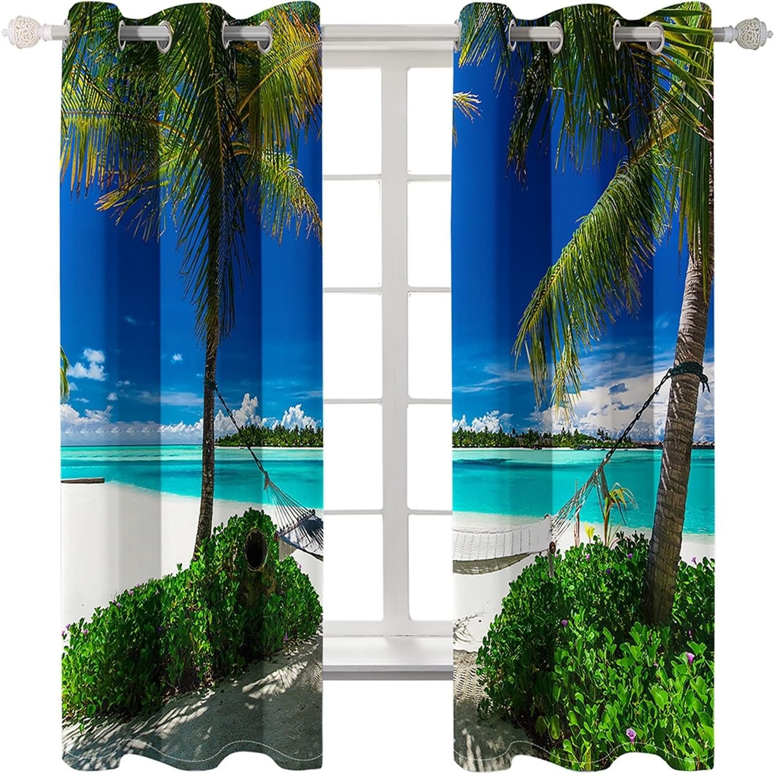 Zasłony okienne, czeska krótka zasłona zielony niebieski krajobraz palm na plaży i morzu poliester 2 panele 192 x 229 cm