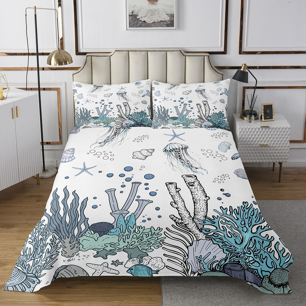 Erosebridal Octopus Bedspread Set King Cartoon Ocean Life Coverlet Set for Kids Adult Hand Drawn Style Bedding Set Sea Shell Coastal Bed Set with 2 Pillow Cases