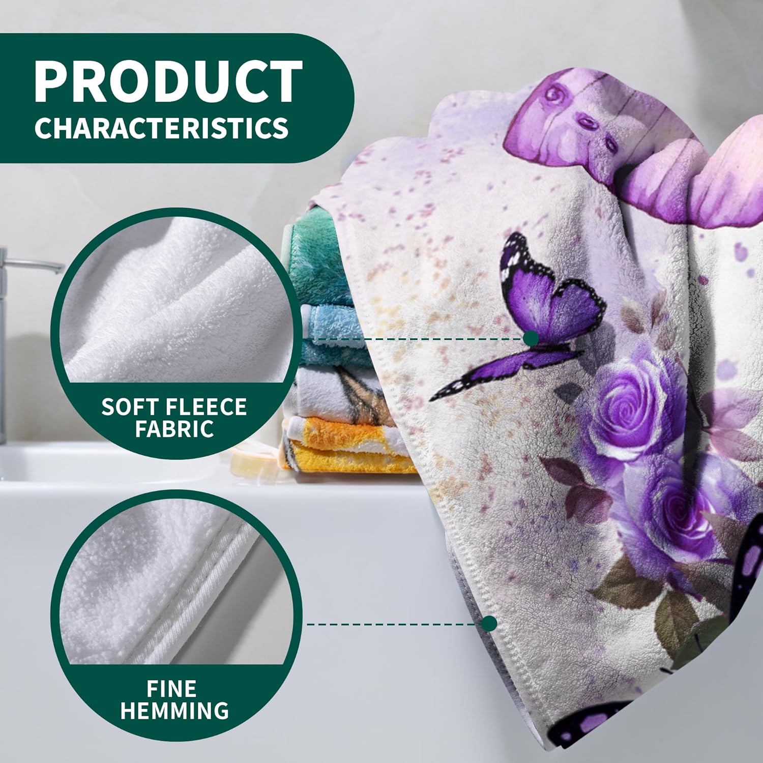 Purple Butterfly Rose Beach Towel - Floral Decorative Coral Fleece Shower Towels for Bathroom Holiday