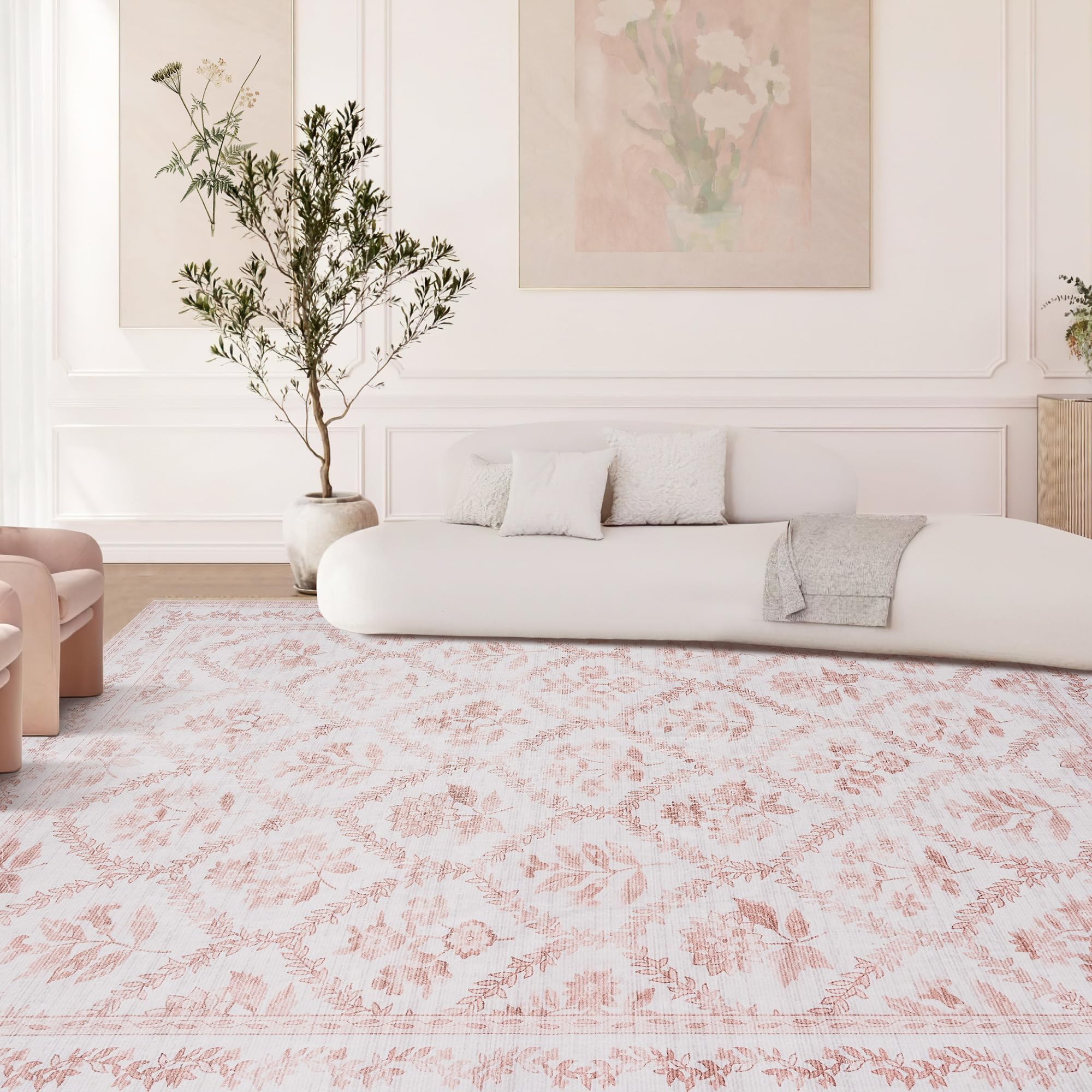 TWODRAPES Pink and White Boho Living Room Rug 8x10 Area Rug for Bedroom Girls Women Floral Leaf Farmhouse Distressed Soft Carpet Washable Low Pile Non