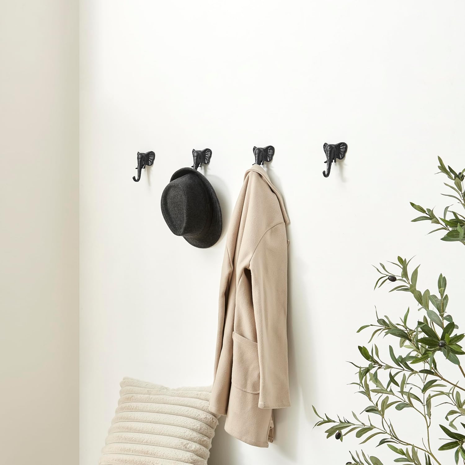 Danya B 4 Piece Black Cast Iron Elephant Head with Trunk Decorative Wall Sculpture Figure Utility Hook Set