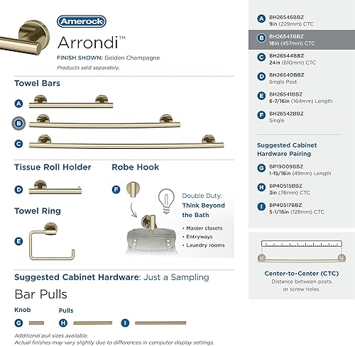 Miniatura 6 de Amerock BH26543BBZ  Toallero dorado champán  Toallero de 18 pulgadas (17.992 in)  Arrondi  Toallero de baño  Herrajes de baño  Accesorios de baño