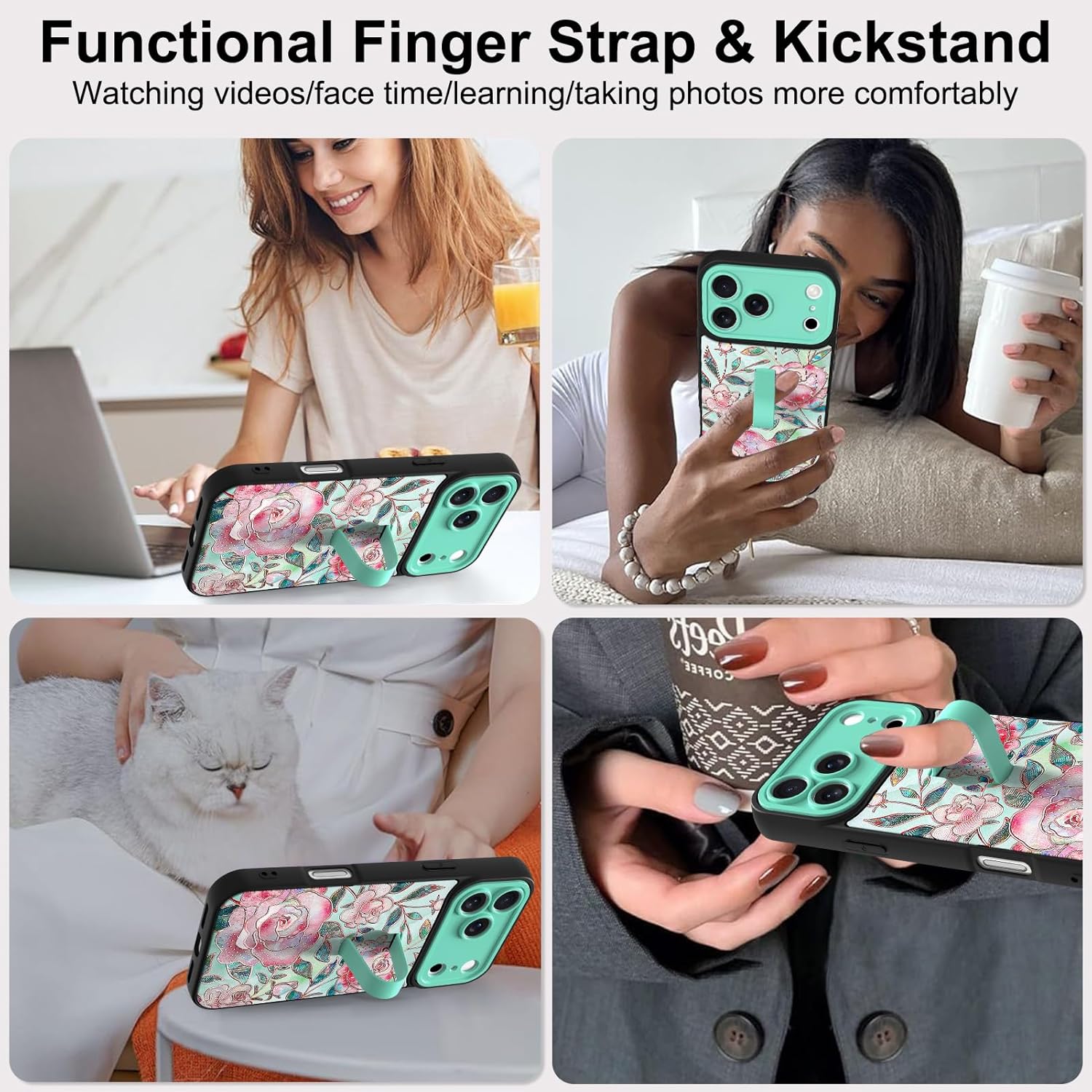 Compatible with iPhone 17 Pro Max Case with Finger Strap Stand, Cute Flowers Print Phone Case for Women Girls, Full Camera Protection Shockproof Protective Cover, Glitter Rose