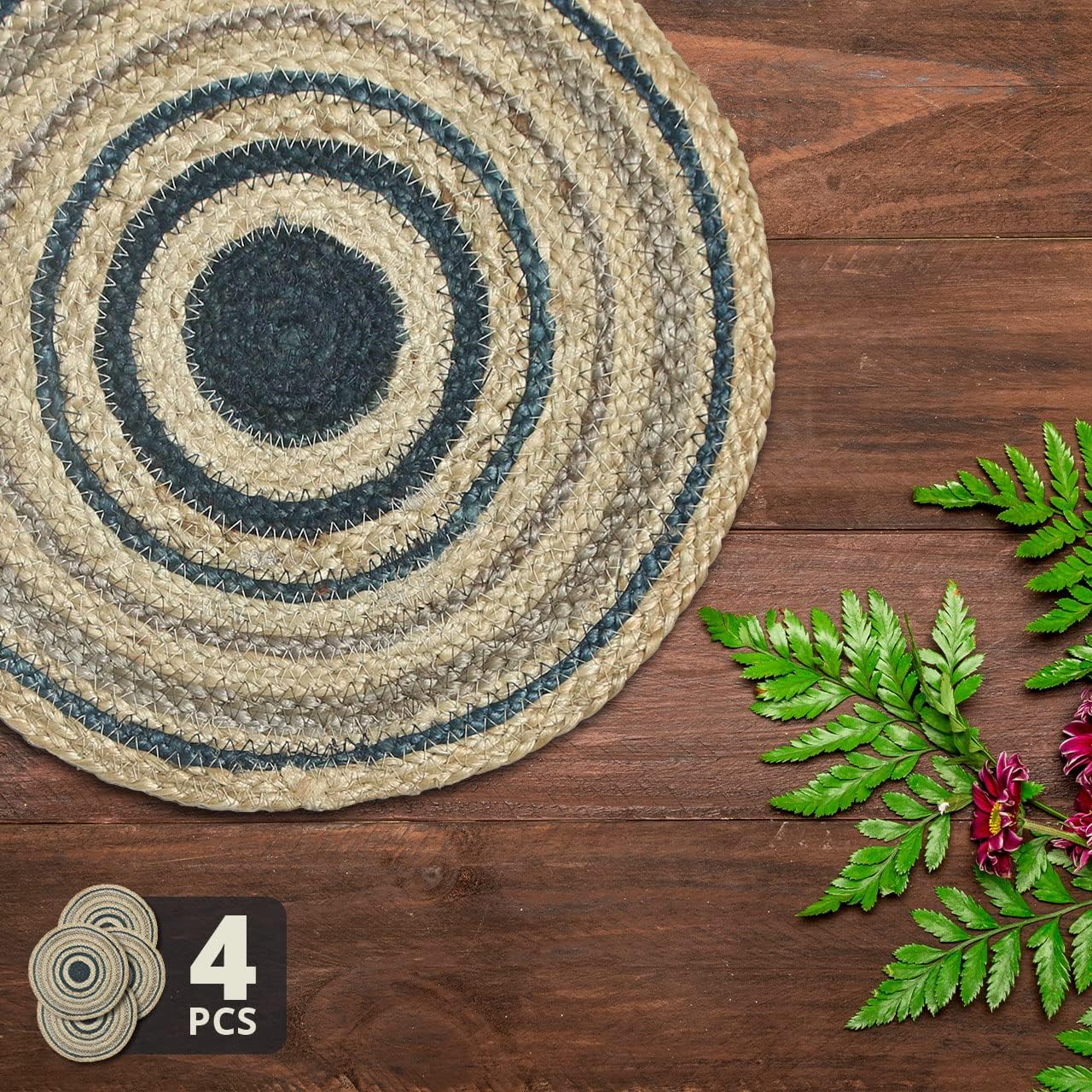 Revive Natural Jute Wicker Placemats, Braided Organic Handmade 14-inch Round Table Mats, Set of 4 (Blue)