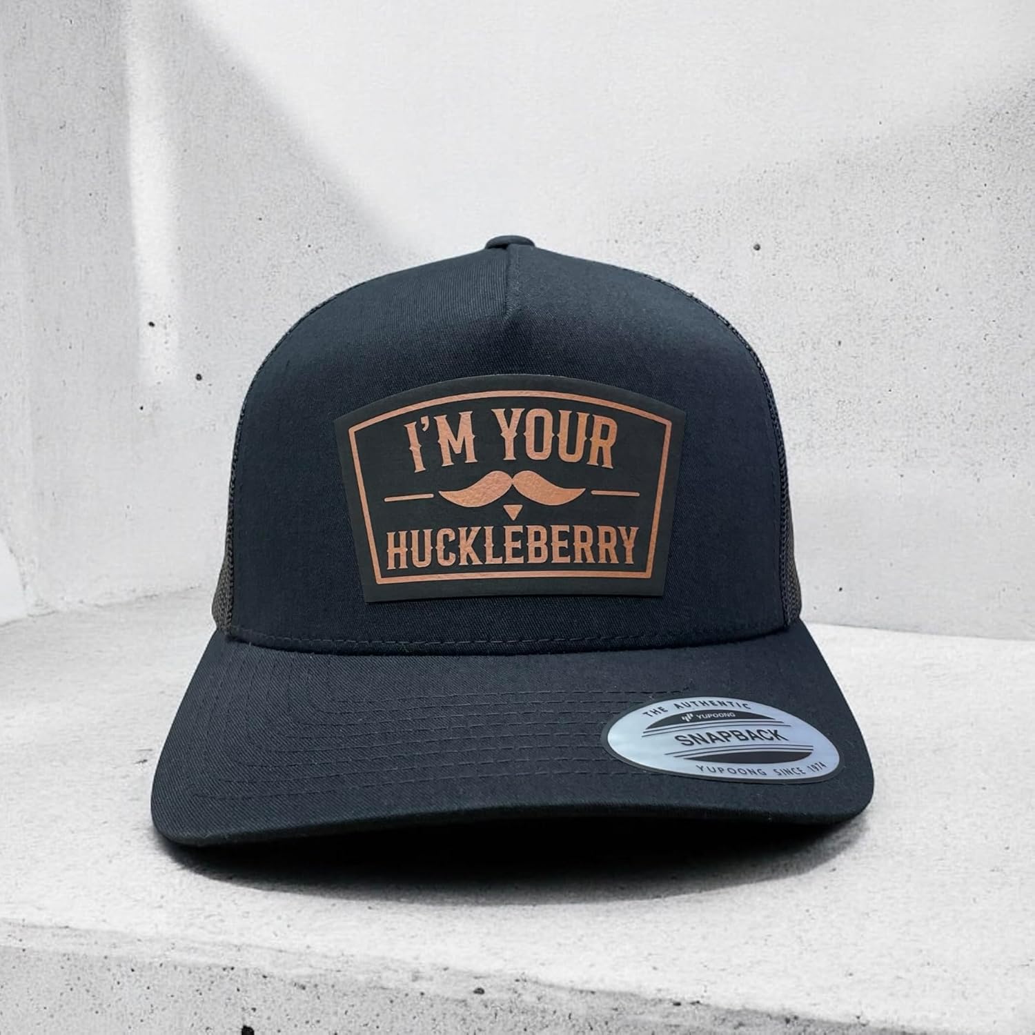 I'm Your Huckleberry Trucker Hat – Black YP Snapback with Rawhide Leatherette Patch – Western Trucker Cap -