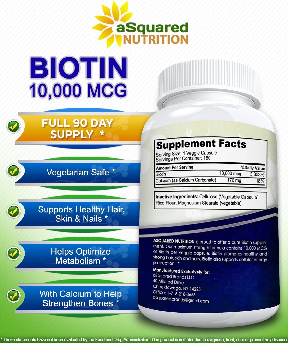 Biotin With 10,000 MCG - Max Strength Vitamin B Supplement for Men & Women, Vitamin B7 Biotin Pills to Improve Skin Health, Hair Growth, Thicker Nails & Energy, 180 Capsules 10000mcg Complex