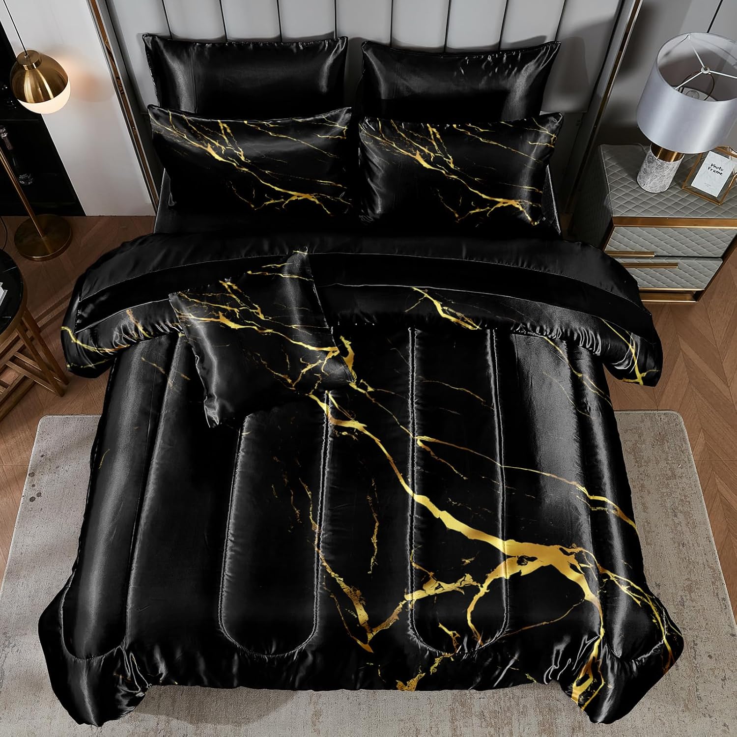Merryword Black Gold Marble Comforter Queen Size with Sheet Set 8 Pcs Bed in A Bag Satin Bedding Set Luxury Hotel Silky Bed Home Decor