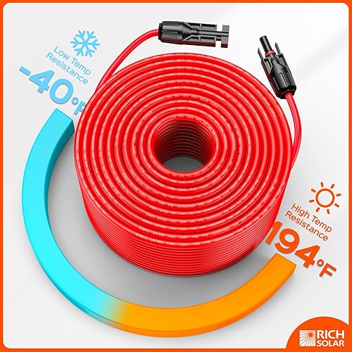 Miniatura 3 de RICH SOLAR Cable de extensión de panel solar negro de calibre 10, 10 AWG, 100 pies, color rojo + 100 pies, cable de extensión de panel solar con