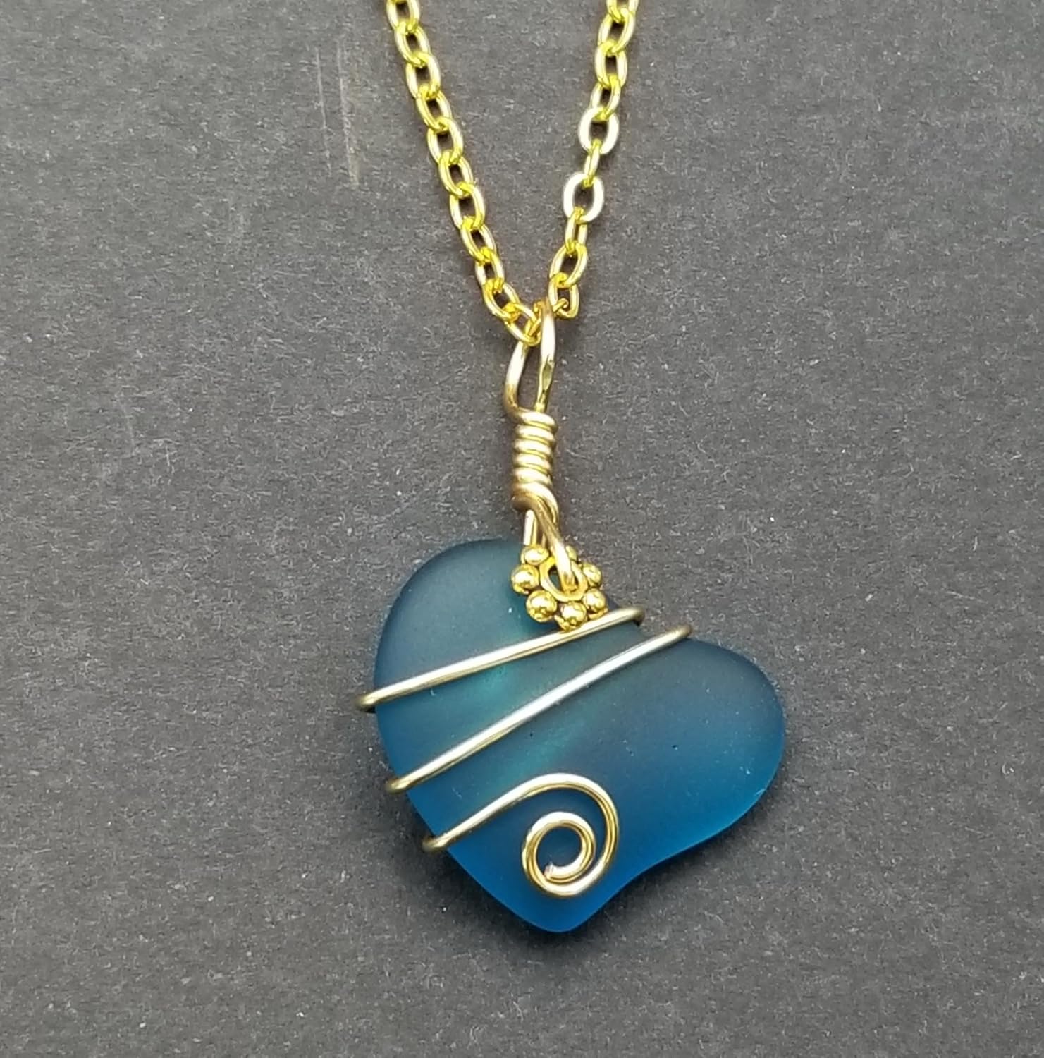 Custom Order Handmade Sea Glass Necklace, Gold Wire Heart Necklace, Unique Sea Glass Jewelry Gift For Women (Teal)