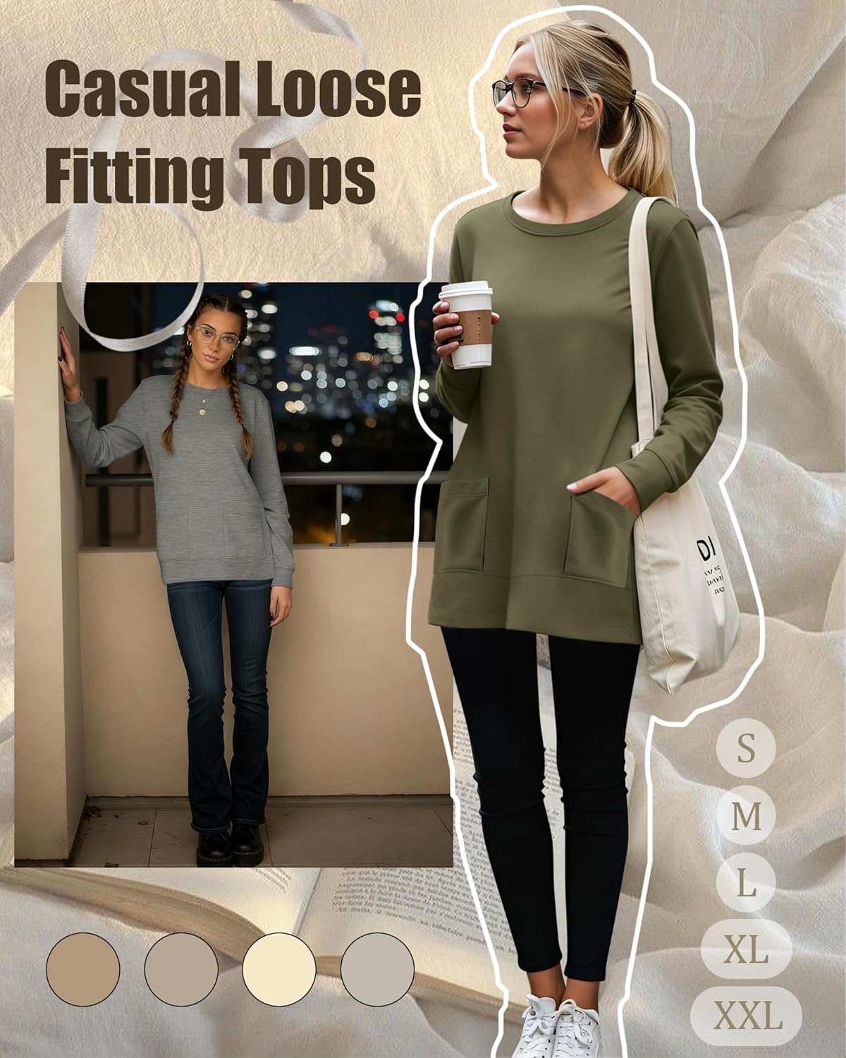 3 Pack Women's Casual Long Sleeve Tops Crew Neck Pullover Tunic Tees for Leggings Loose Sweatshirts with Pockets - Image 5