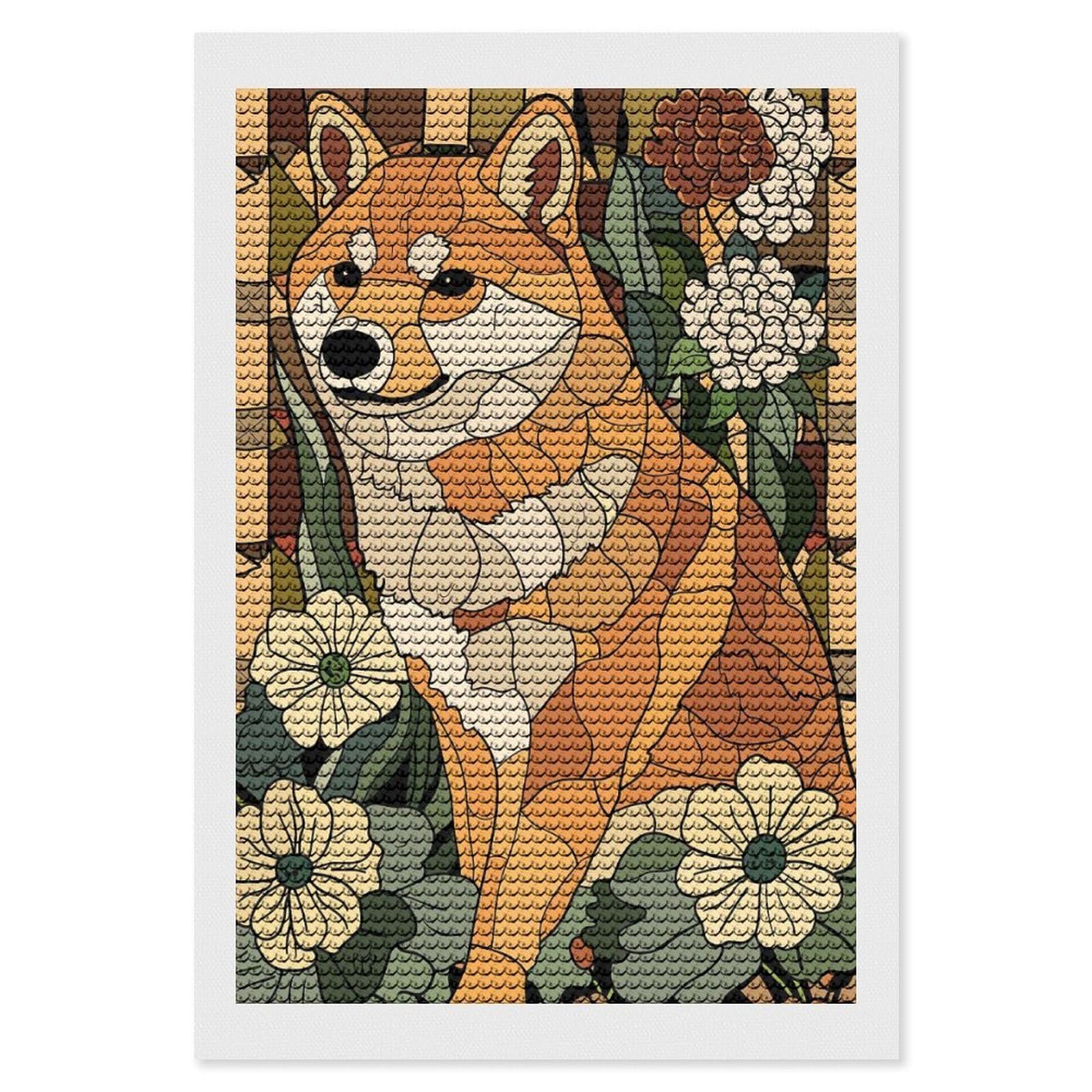 Junmoney Shiba Inu in A Floral Setting Diamond Art Kit 8"x12", Vintage Style Decor, Stress Relief Craft, Decor Project, Relaxing DIY, Creative Hobby