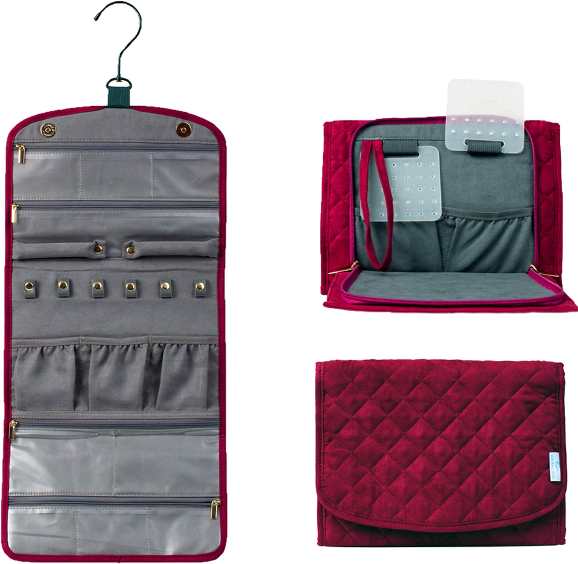 CD Pacific Foldable Hanging Travel Jewelry Organizer Roll for Rings, Necklaces, Bracelets, Earrings Travel Jewelry Case in Burgundy Velvety (Large)