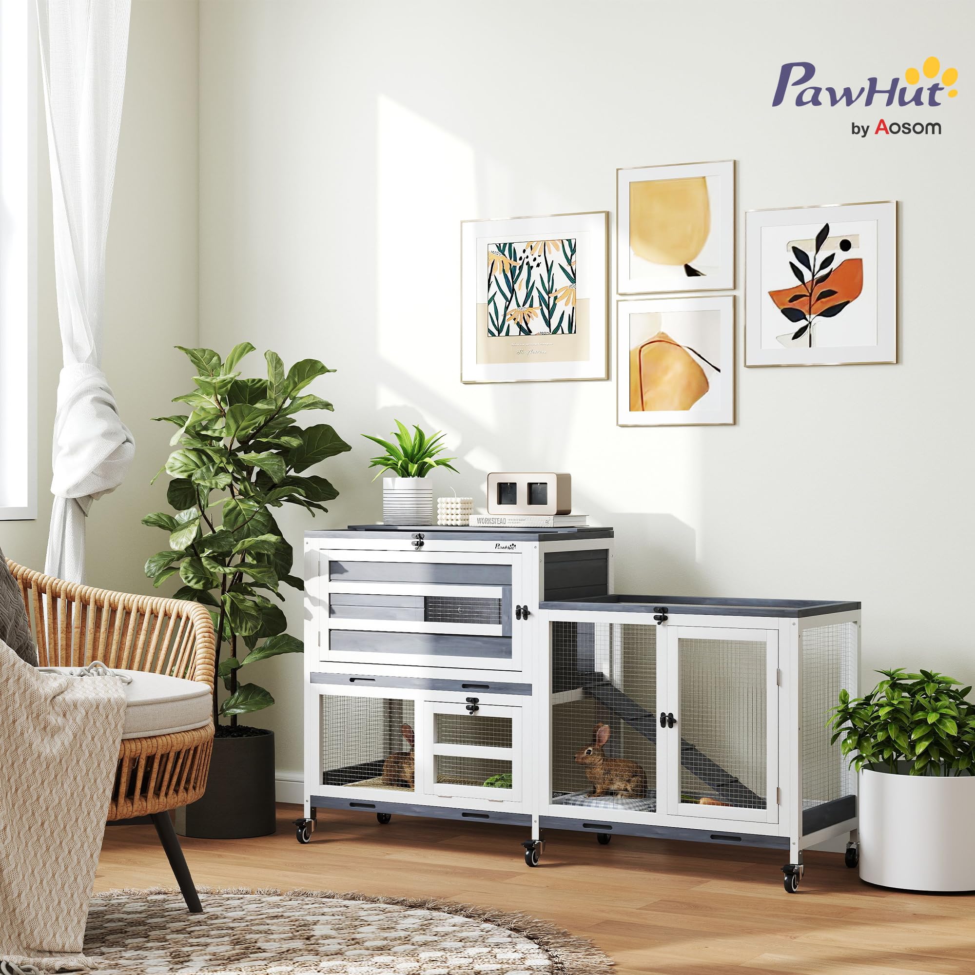 PawHut Conigliera da Interno a 2 Livelli, Gabbia per 2-3 Conigli con 6 Ruote, Rampa, Tetto Apribile, Area Aperta e 3 Vassoi, Cassetta per Conigli in Legno di Abete, 147x45x89.5 cm, Grigio