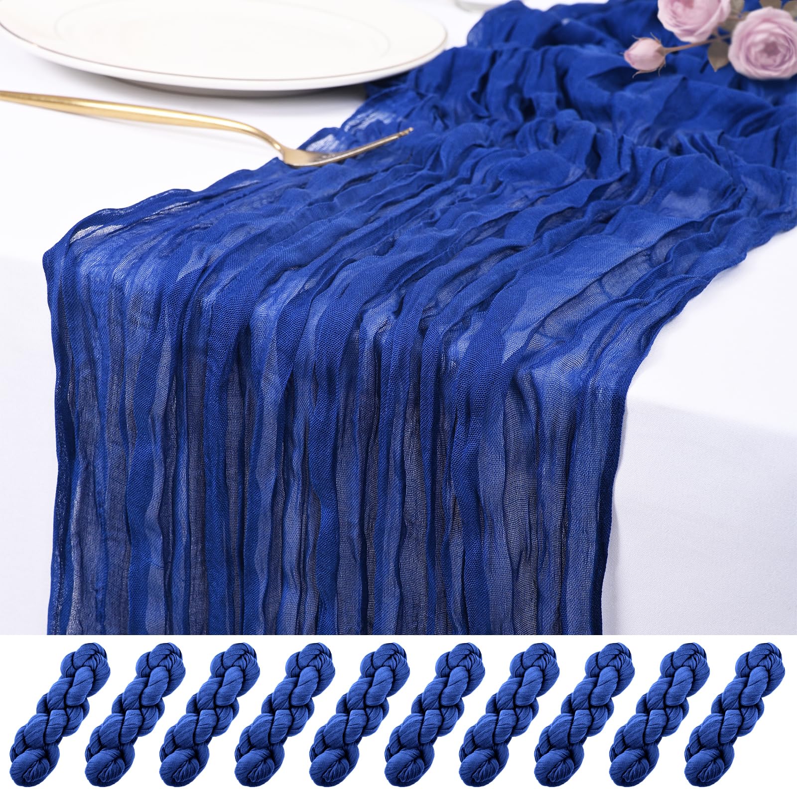 Photo 1 of 10 Pack Royal Blue Cheesecloth Table Runner 17x108 Inch Semi Sheer Boho Rustic Gauze Cheese Cloth Table Runners for Wedding Party Birthday Baby Shower Home Décor