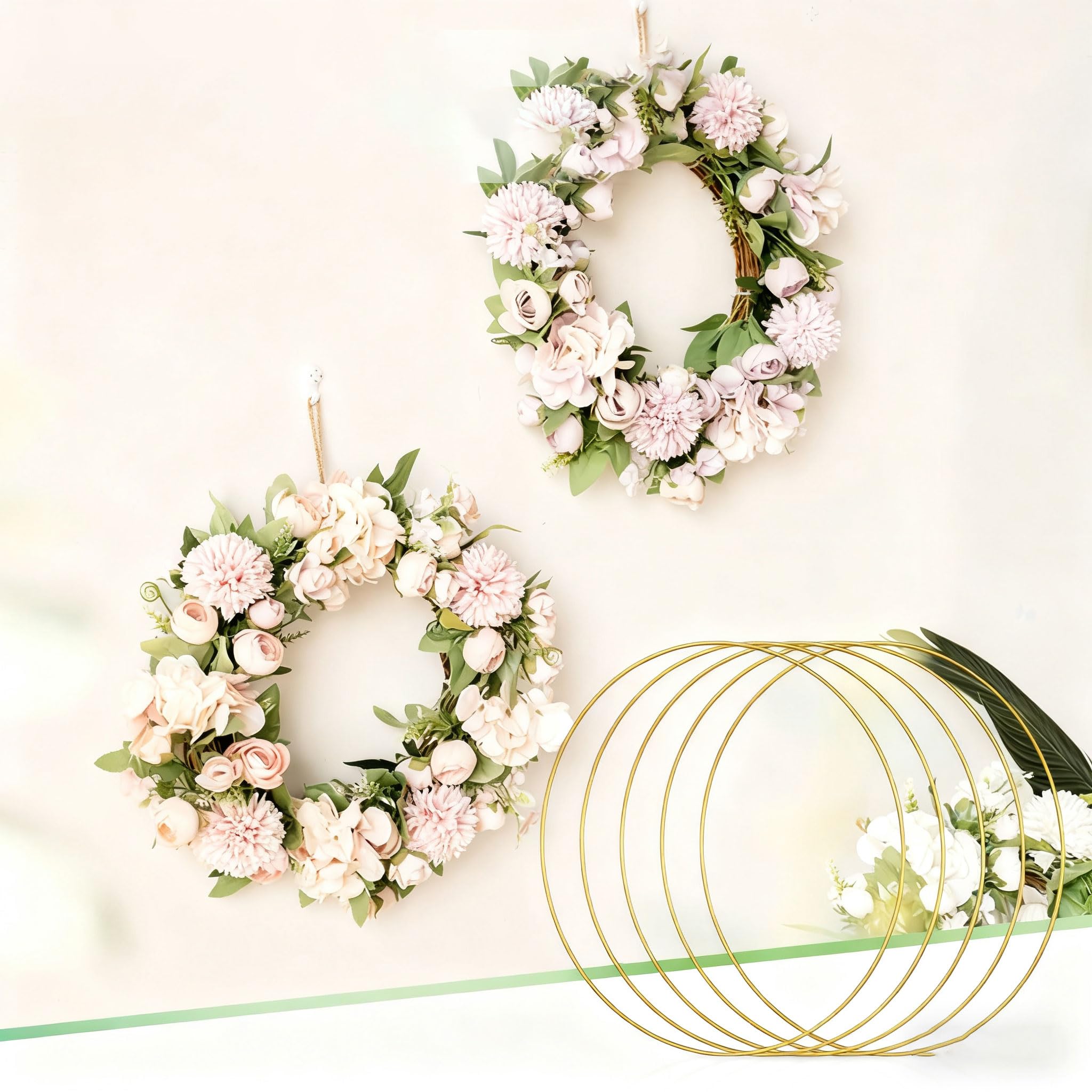 Set di 6 centrotavola con Cerchi Dorati e Supporti in Legno, Anelli Floreali in Metallo per Decorazioni di Matrimoni e tavoli, macramè, ghirlande e Decorazioni murali (Dimensioni: