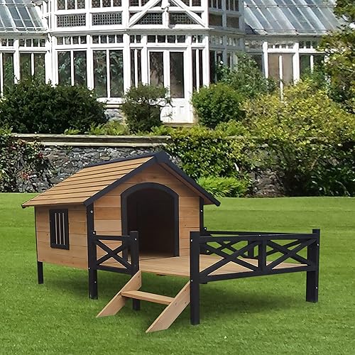 Miniatura 9 de Cabaña grande de madera para perros al aire libre, estilo casero, perrera de madera con porche