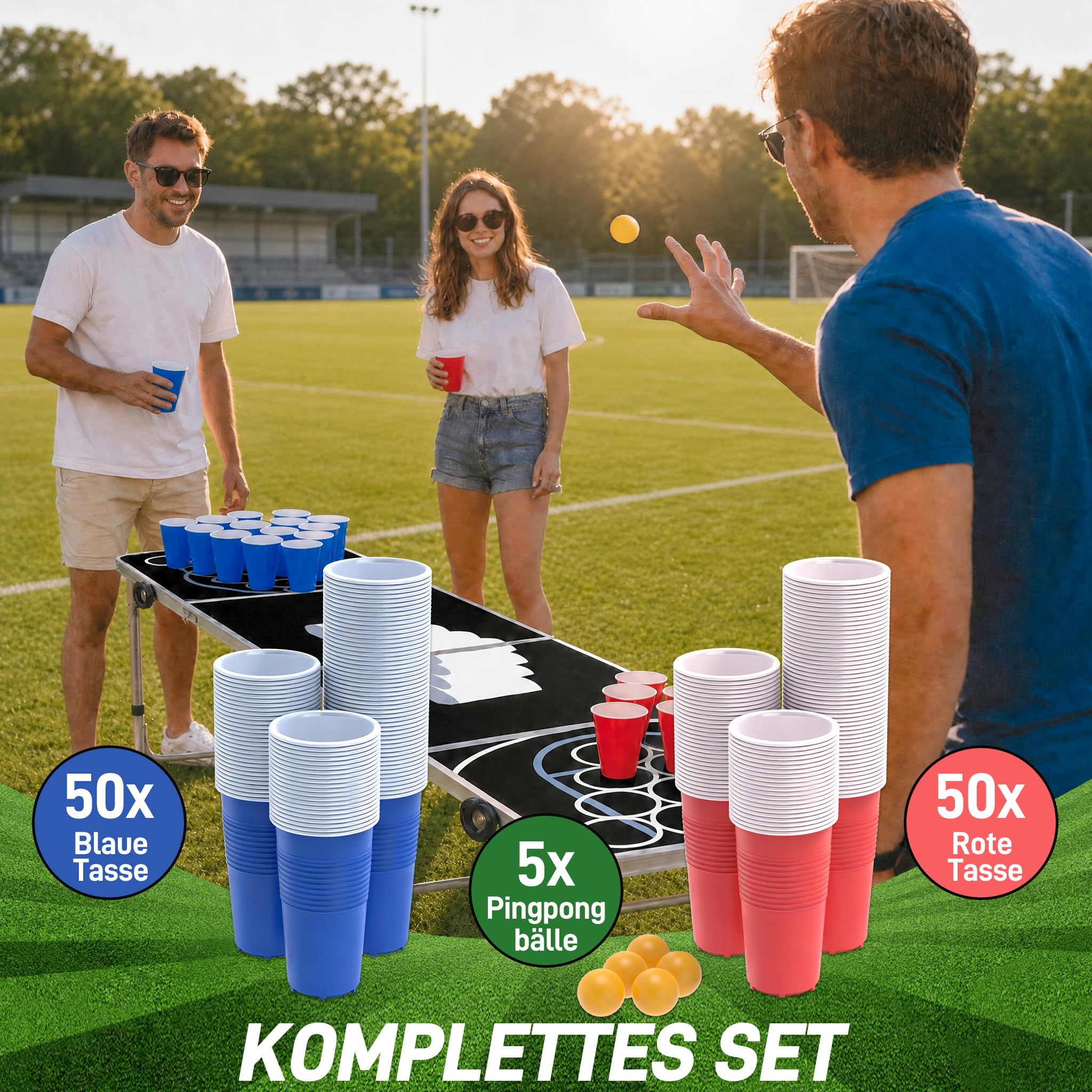 XMTECH Beer Pong - Juego de mesa para fiestas (incluye 100 vasos (50 rojos y 50 azules), 5 bolas, mesa plegable y regulable en altura, juego de fiesta