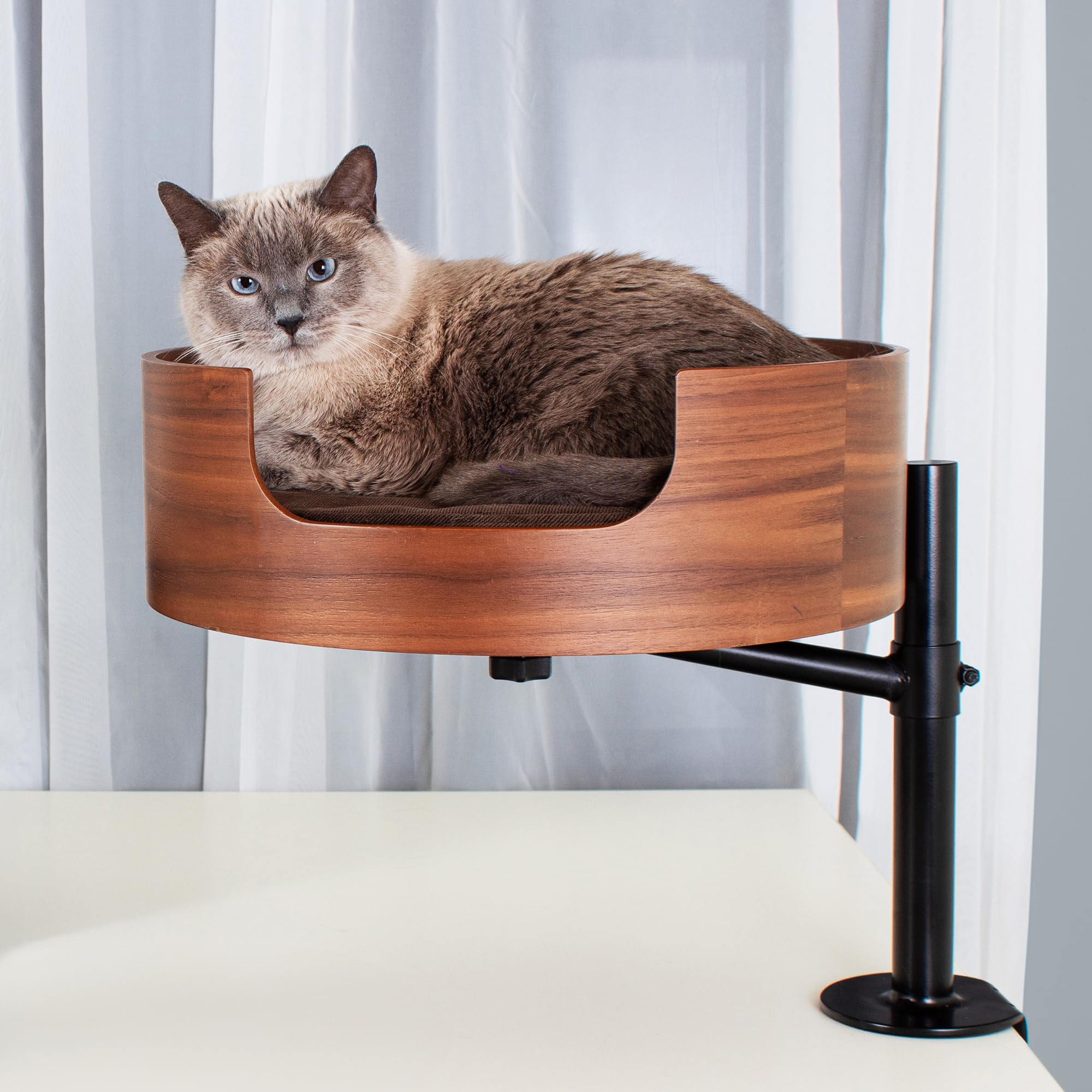 ( white color ) Cat Bed – Space-Saving, Elevated Bed for Cats – Keeps Desks Clear, 360° Adjustable, Supports 25 lbs – Secure, Stylish and Durable – Perfect for Home Office – Walnut Finish