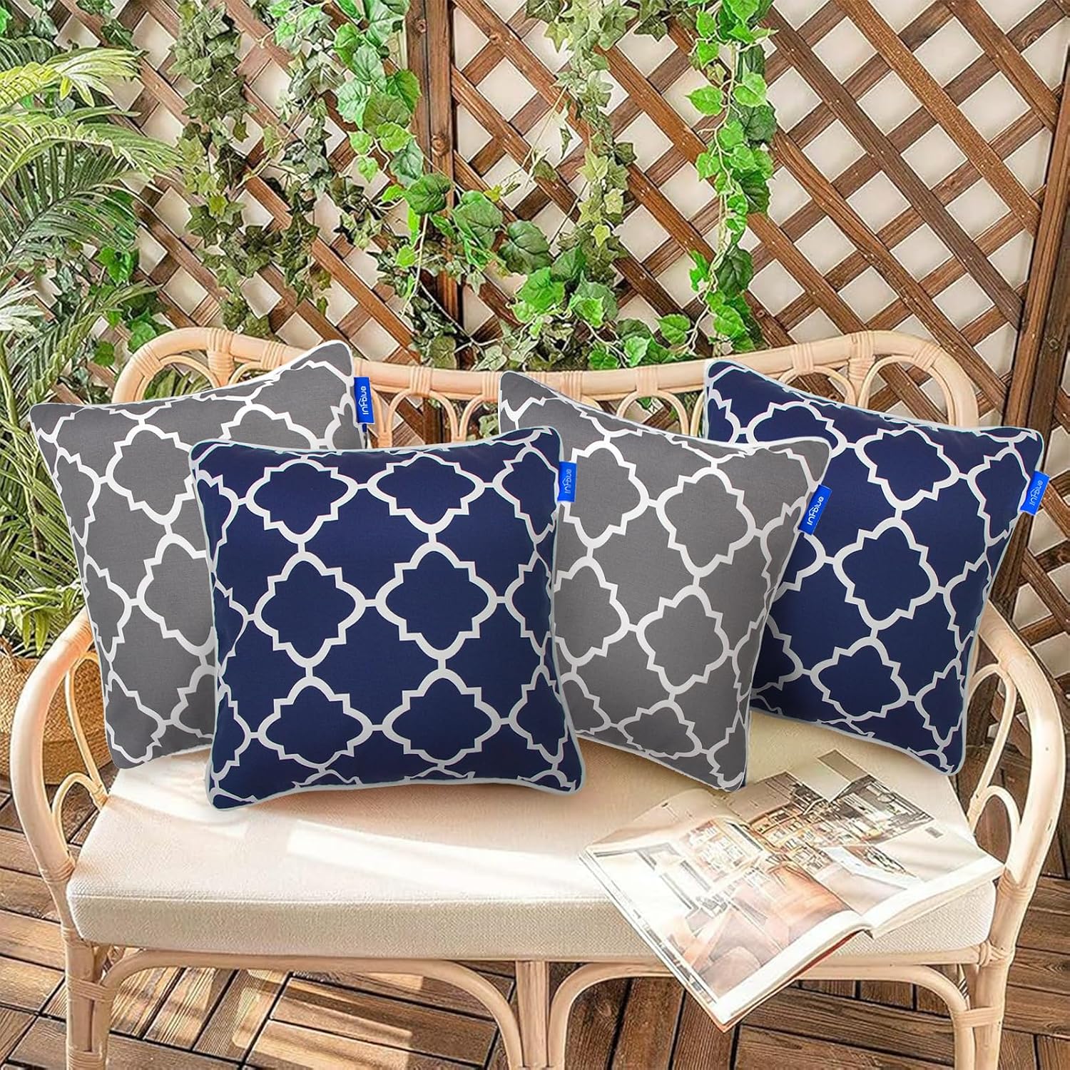 Patio Outdoor/Indoor Decorative Throw Pillow Water Repellent Set of 2 Square Pillow for Patio Garden Funiture (18" x 18", Grey Plaid)