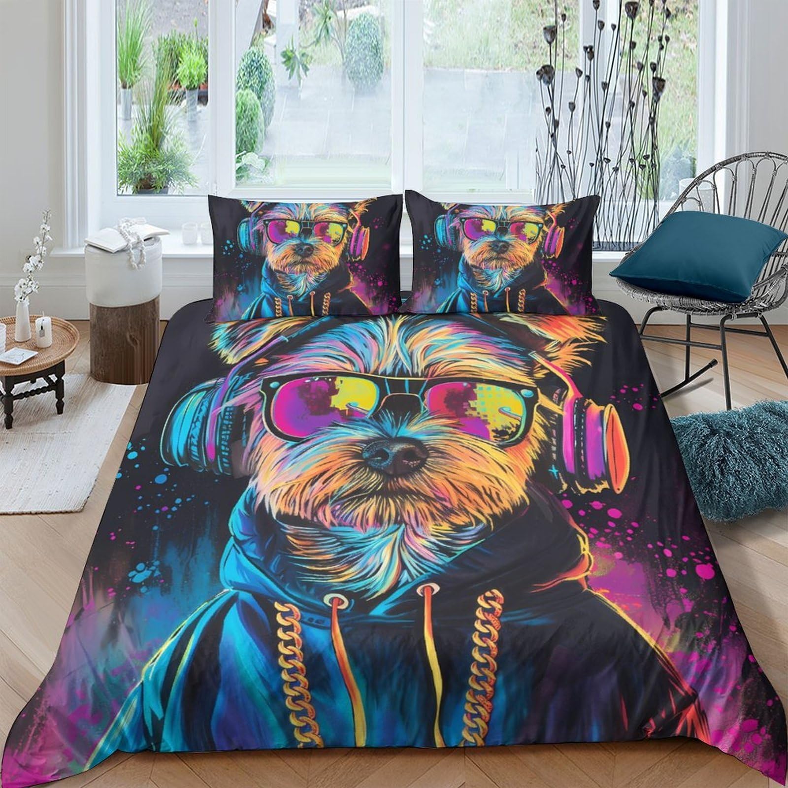 Ctjqhvkz Style-6 3D Printed Neon Dog Fitted Sheet Microfiber Soft Colourful Headphones Bed Cover For Bedroom Guestroom Decor Single（135X200cm）