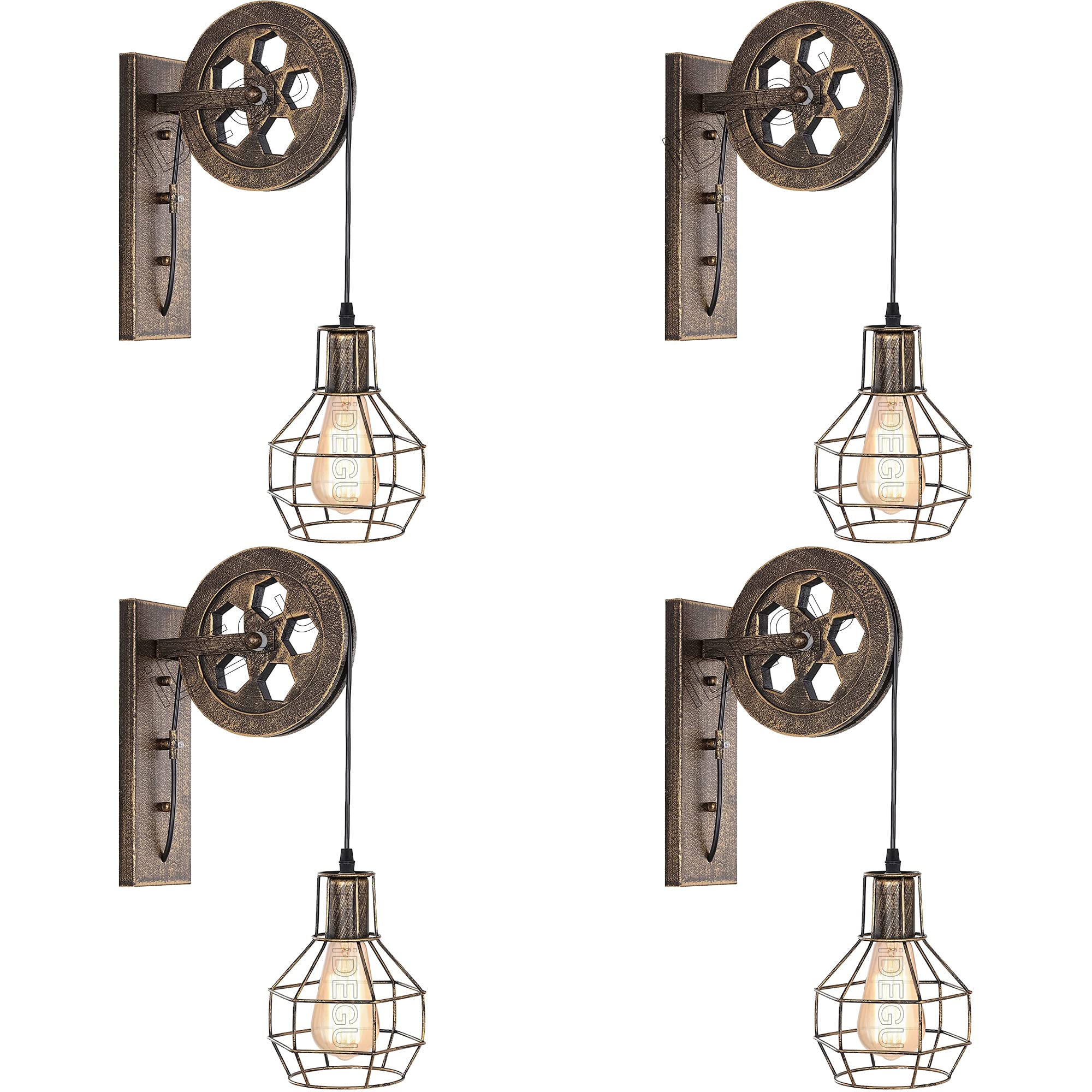 iDEGU Aplique de Pared Vintage Industrial Estilo Polea Regulable E27 Lámpara de Pared Interior de Madera y Hierro Retro Lamparas para Salón, Restaurante, Bar - Óxido Bronce (4 Piezas)