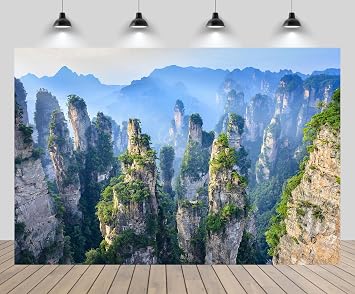 5x4ft China Mountain Forest Backdrop Zhangjiajie Natural Scenic Green Trees Foggy Mountains Background Chinese Natural Hiking Camp Birthday Wedding Party Decor Portrait Photo Props