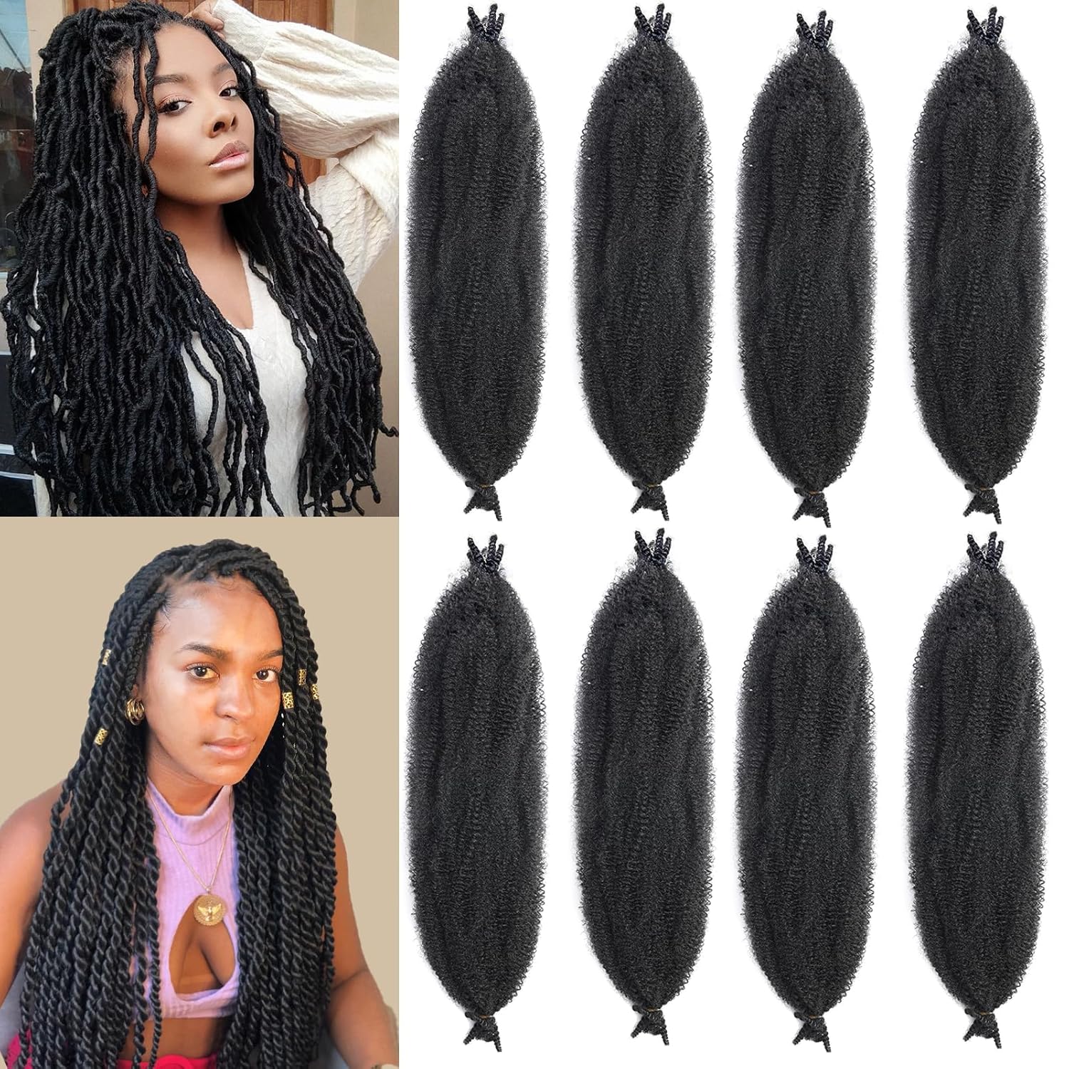 Marley Twist Braiding Hair, Pre-Separated Springy Afro Twist Hair Kinky Twist Crochet Hair Braids for Distressed Soft Locs Spring Twist Hair for Women (Natural Black, 24 Inch(Pack of 8))