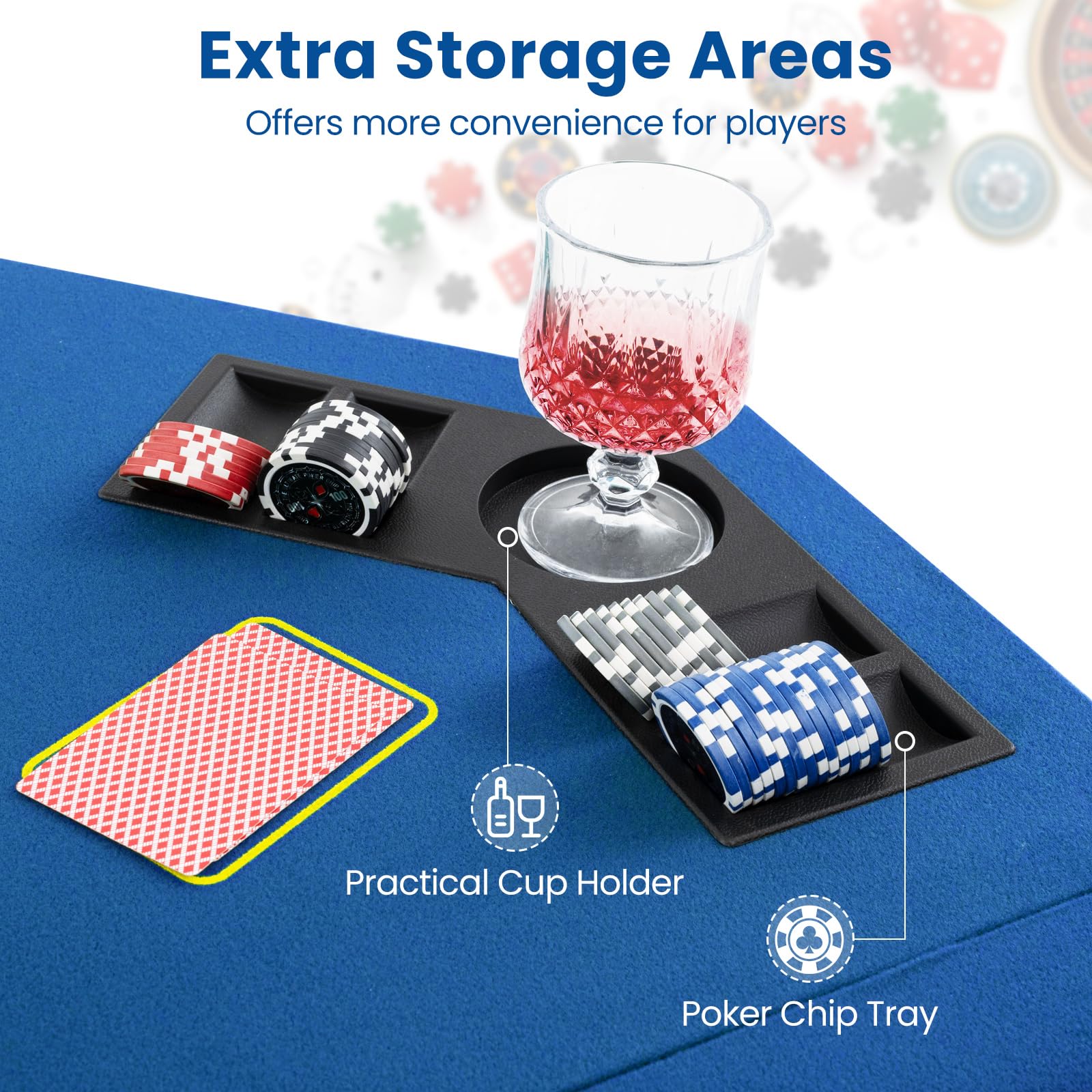 GYMAX Dessus de table de poker Texas Hold'em pliable de 122 cm, disposition professionnelle pour 8 joueurs avec porte-gobelets et plateaux à frites, sac de transport pour fête casino (bleu)
