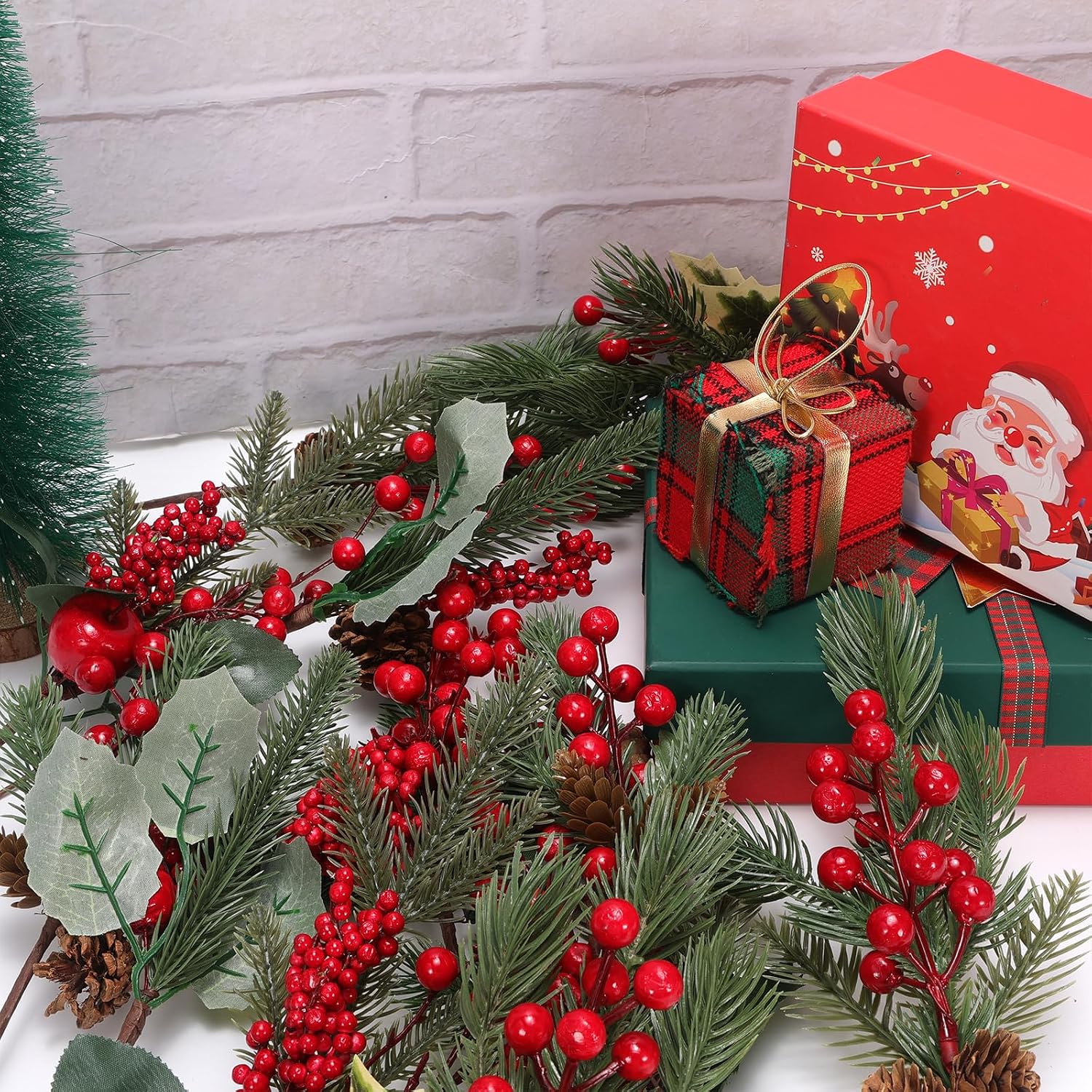 MWOOT 12 Pcs Christmas Artificial Pine Picks, Faux Pine Branches with Red Berries Pincones Holly Leaves, Fake Christmas Tree Picks for DIY Wreath Vase Bouquet Table Home Décor