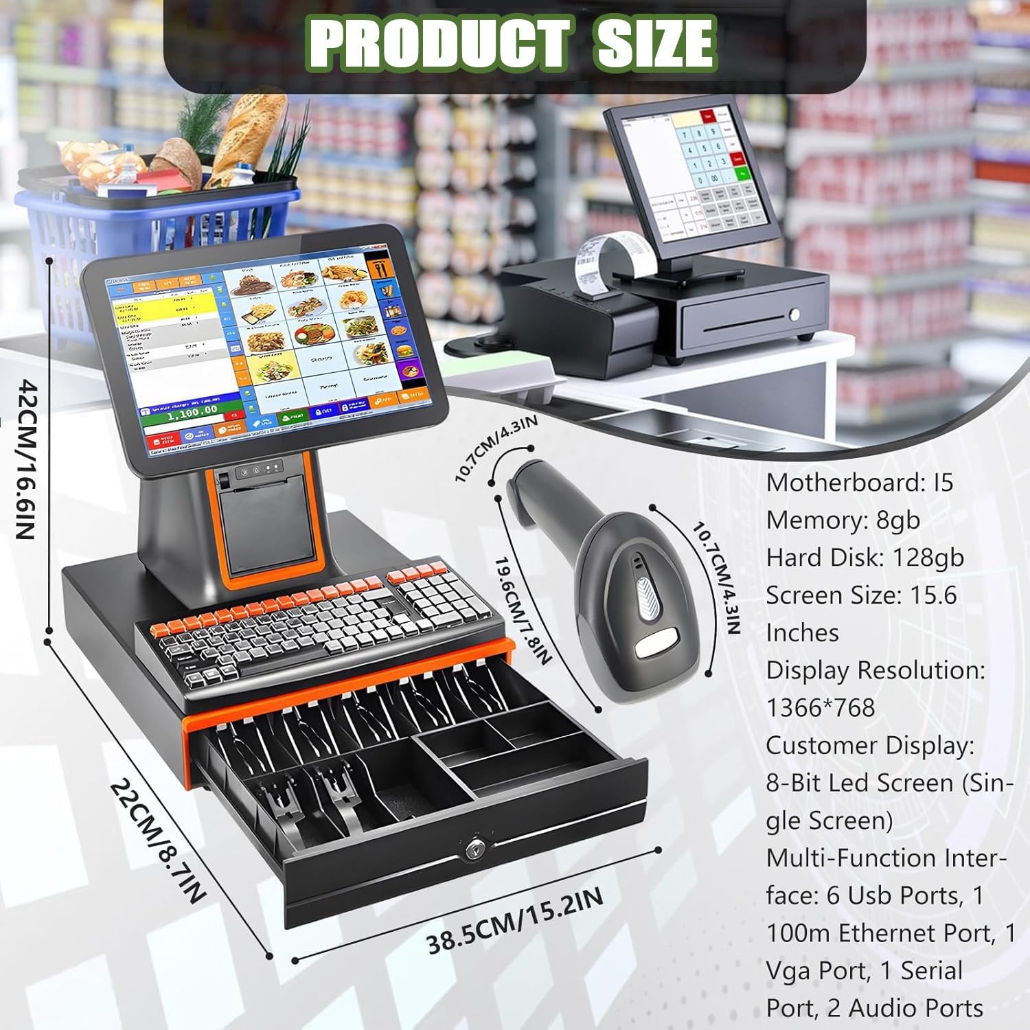 Sistema TPV Todo en uno con Impresora térmica integrada de 58 mm | Paquete completo de caja registradora con pantalla táctil, pantalla for el cliente, cajón efectivo y escáner