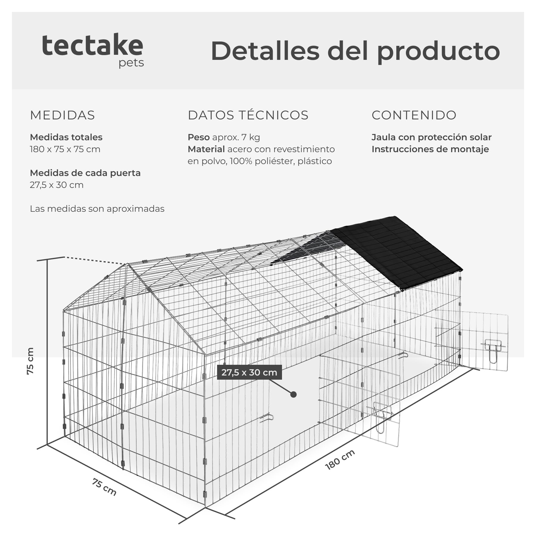 tectake® Jaula Conejo, Casa para Conejos de Mascota al Aire Libre, Conejera Exterior con Caseta Funcional y Acceso Fácil, Diseño Cómodo y Seguro - 180 x 75 x 75 cm Negro