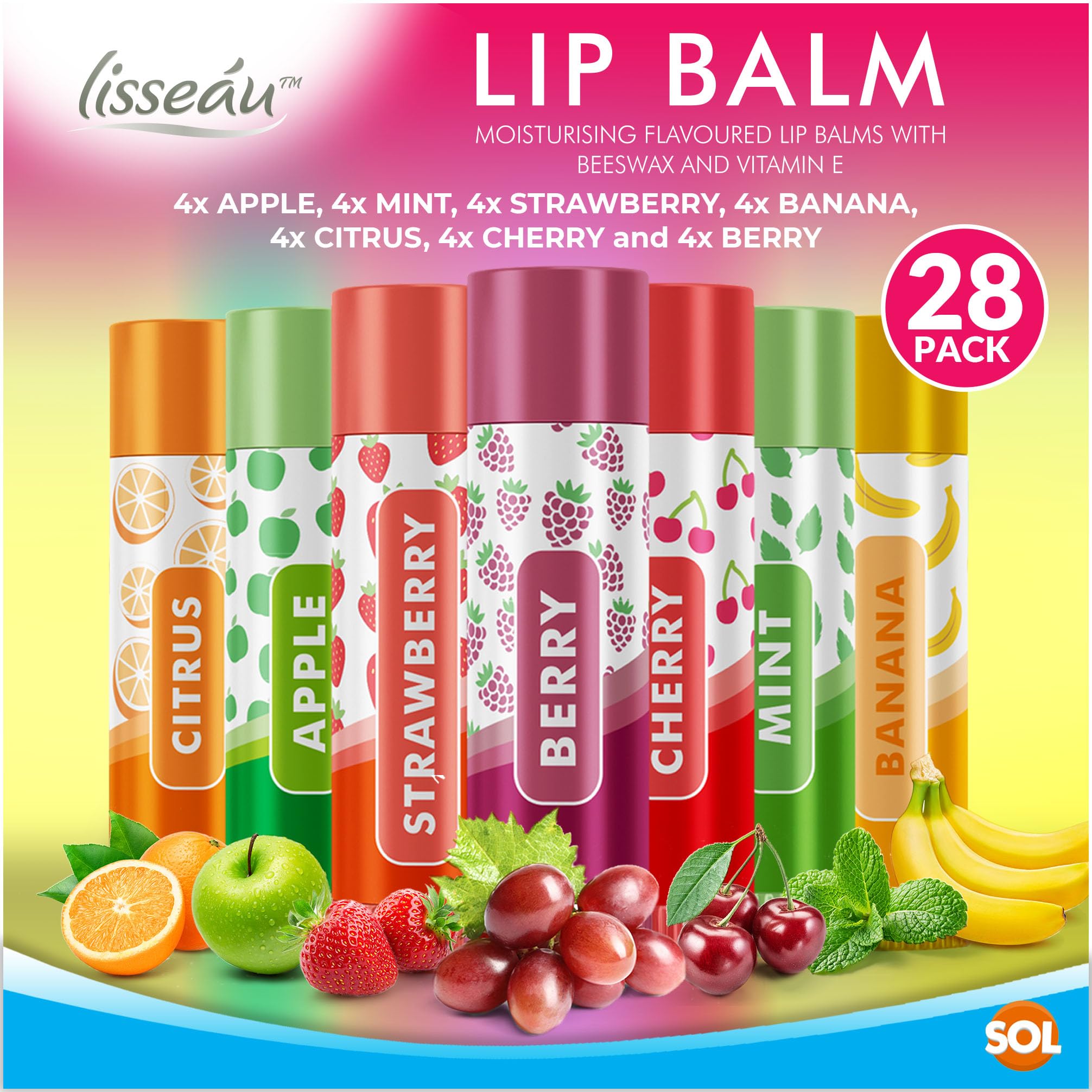 SOL 28pk Lip Balm Set Flavoured Moisturiser for Lips with Beeswax & Vitamin E - Image 2