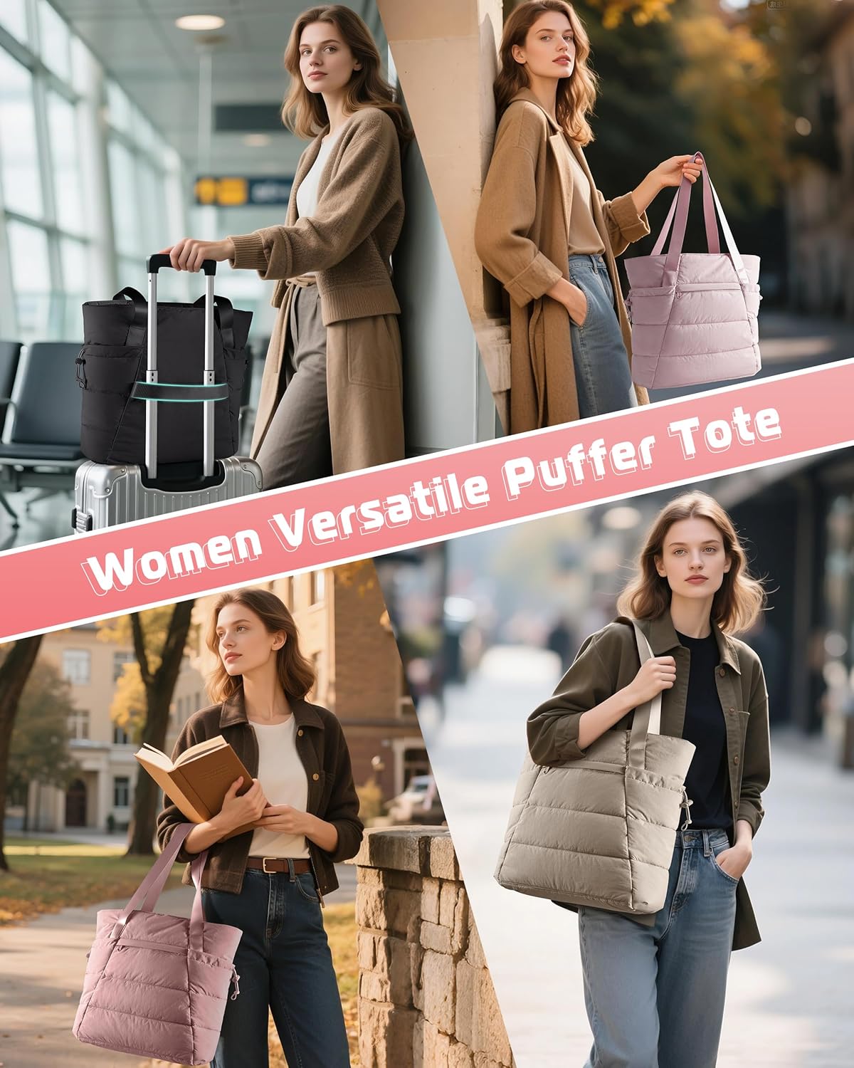 Puffer Tote Bag for Women, Lightweight Tote Bag for Work and School, Khaki - Image 6